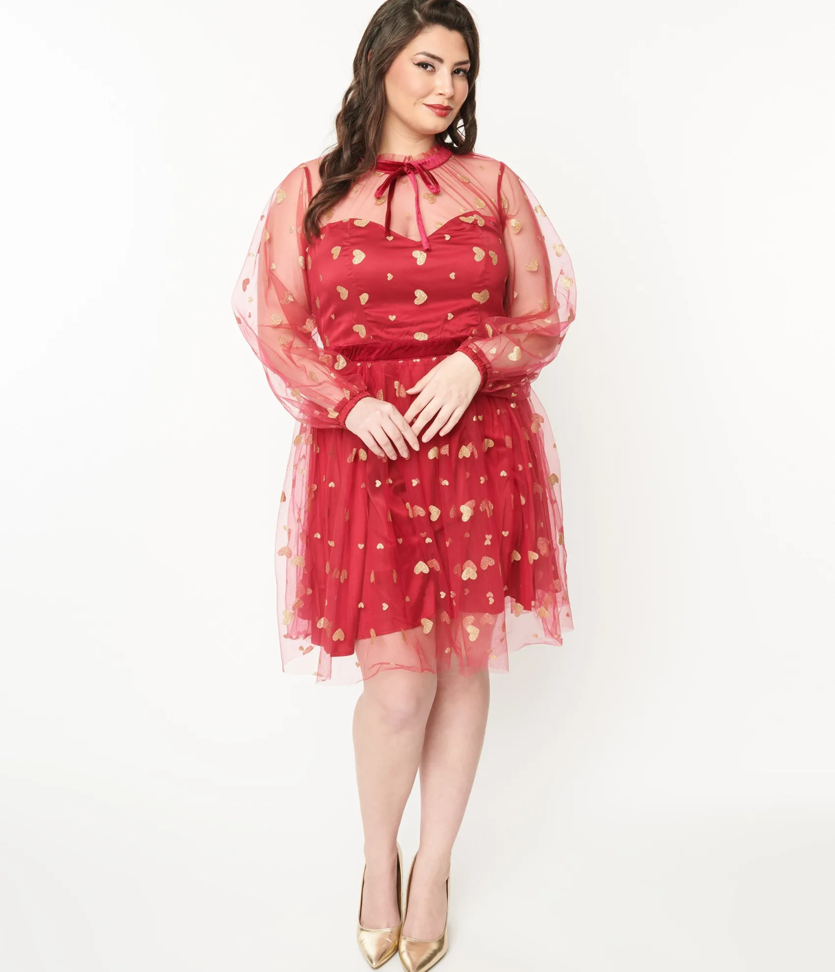 Unique Vintage Plus Size Red & Gold Glitter Heart Flare Dress Shop