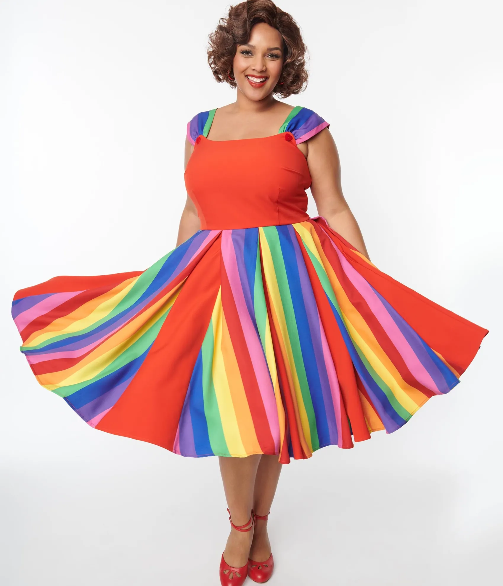 Unique Vintage Plus Size Red & Rainbow Stripe Swing Dress Online