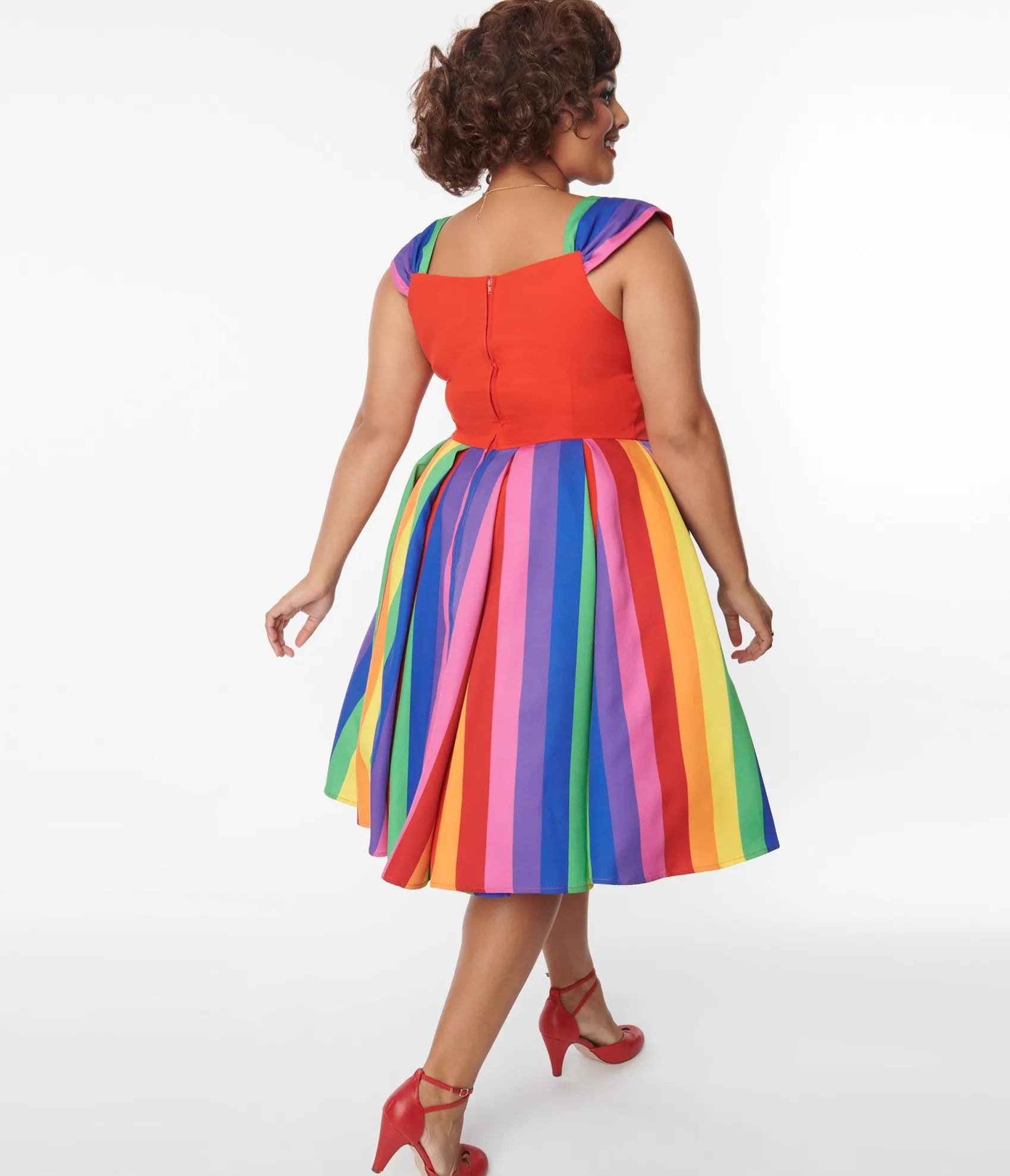 Unique Vintage Plus Size Red & Rainbow Stripe Swing Dress Online