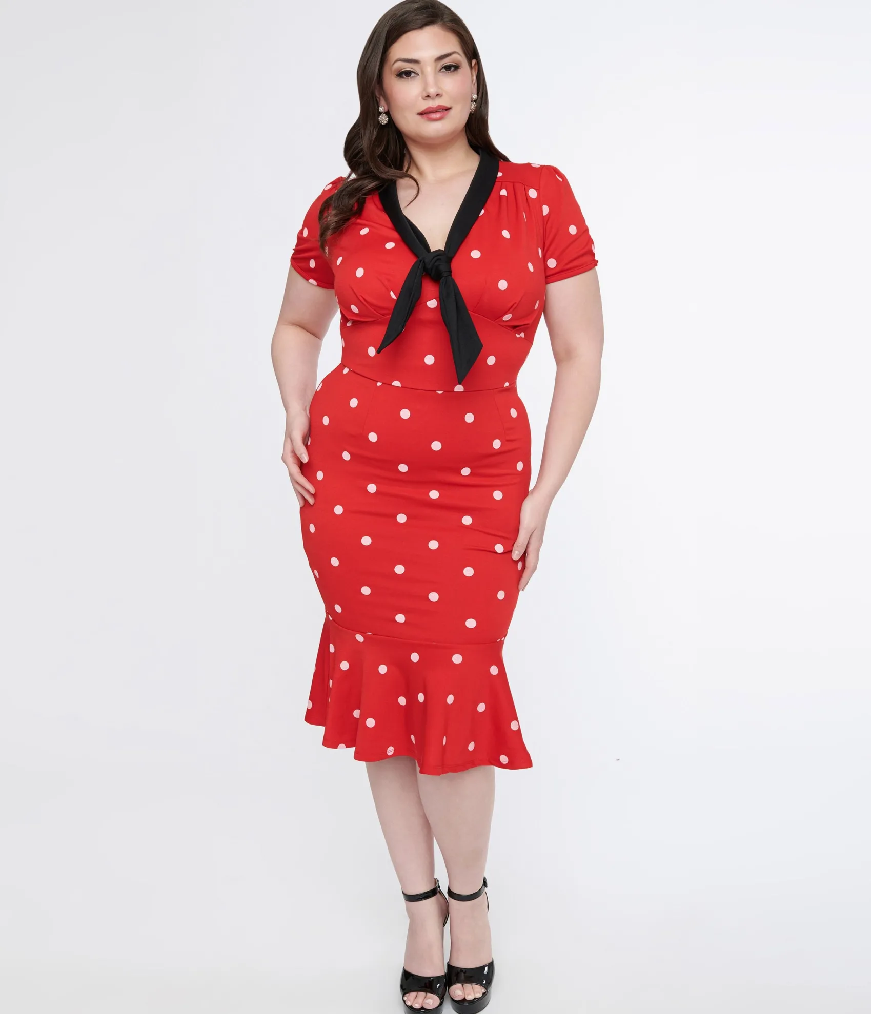 Unique Vintage Plus Size Red & White Polka Dot Neck Tie Wiggle Dress Discount