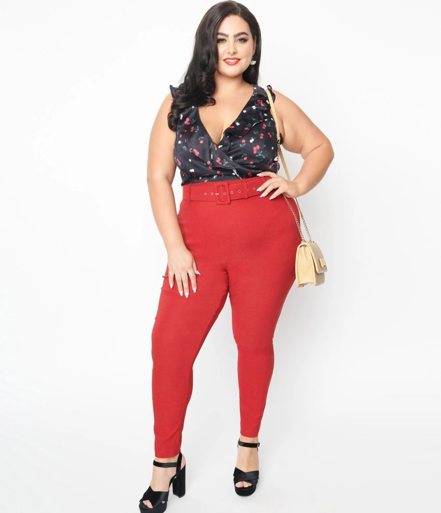 Unique Vintage Plus Size Red Belted Rizzo Pants Hot