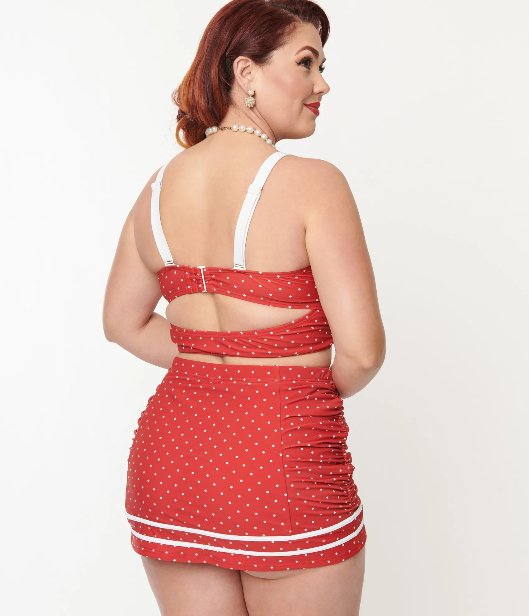 Unique Vintage Plus Size Red Pin Dot Lace Up Swim Top Online