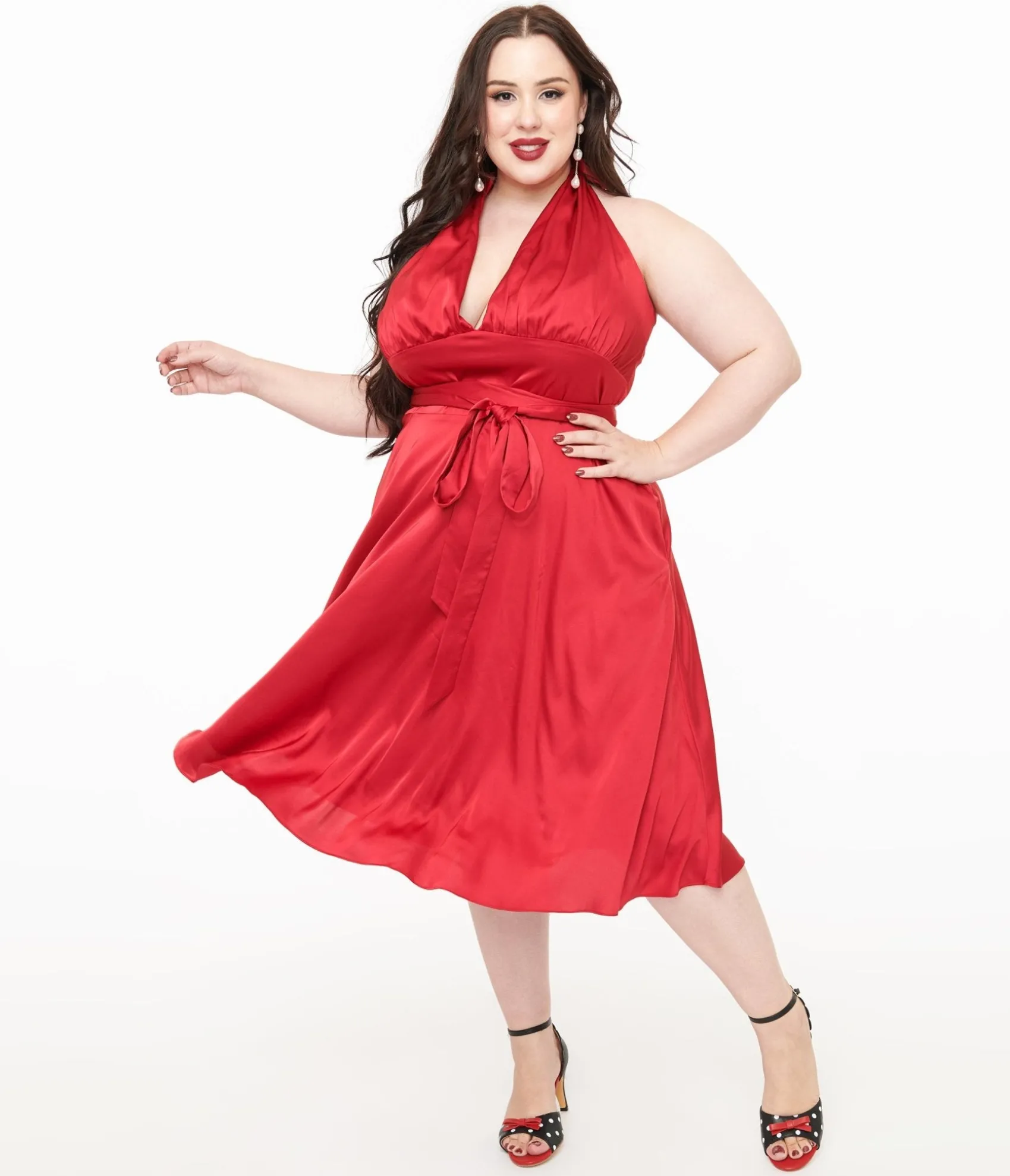 Unique Vintage Plus Size Red Satin Halter Swing Dress New