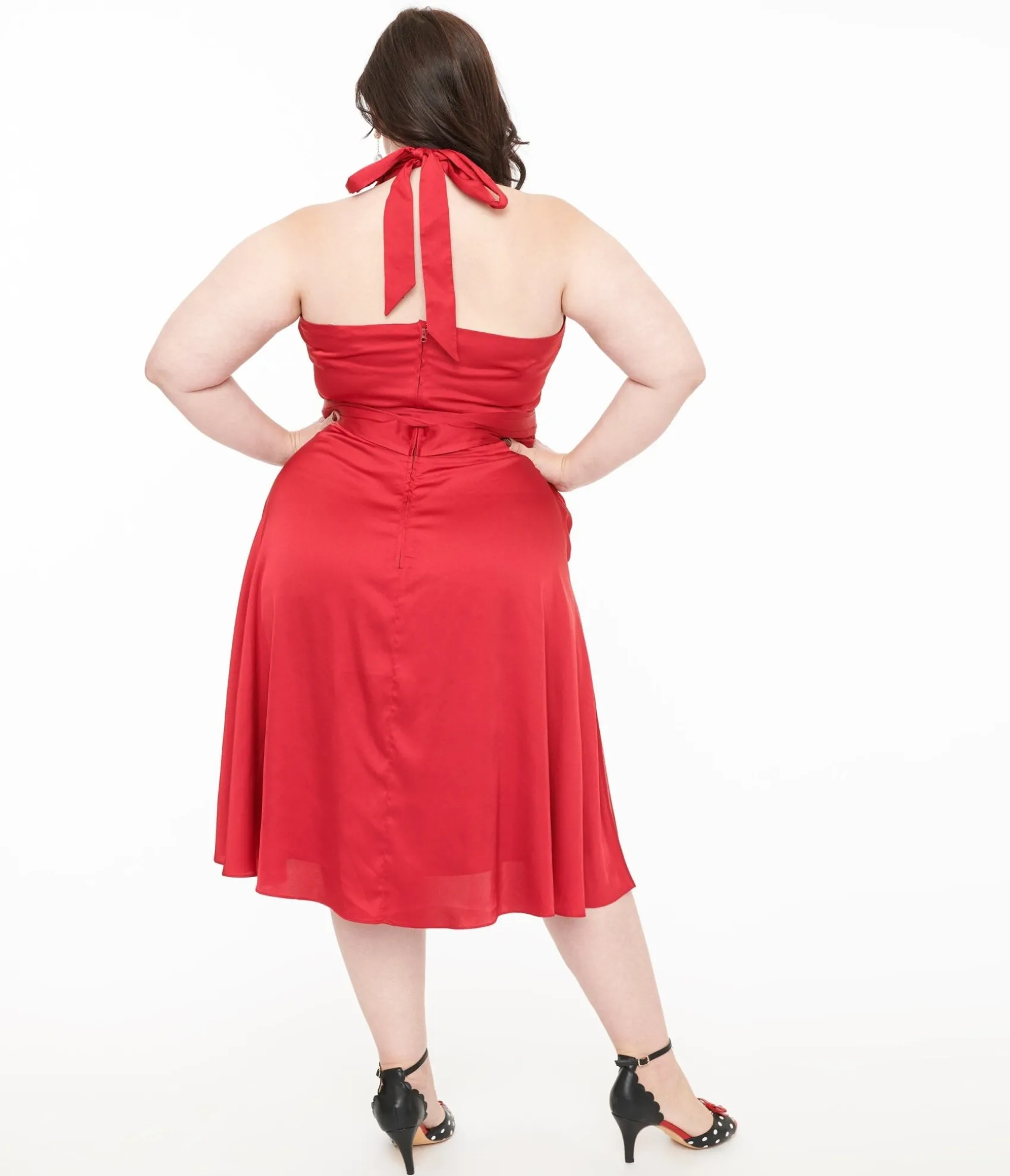 Unique Vintage Plus Size Red Satin Halter Swing Dress New