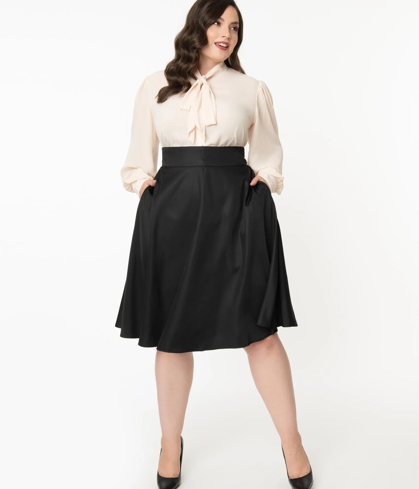 Unique Vintage Plus Size Retro Style Black High Waist Vivien Swing Skirt Flash Sale