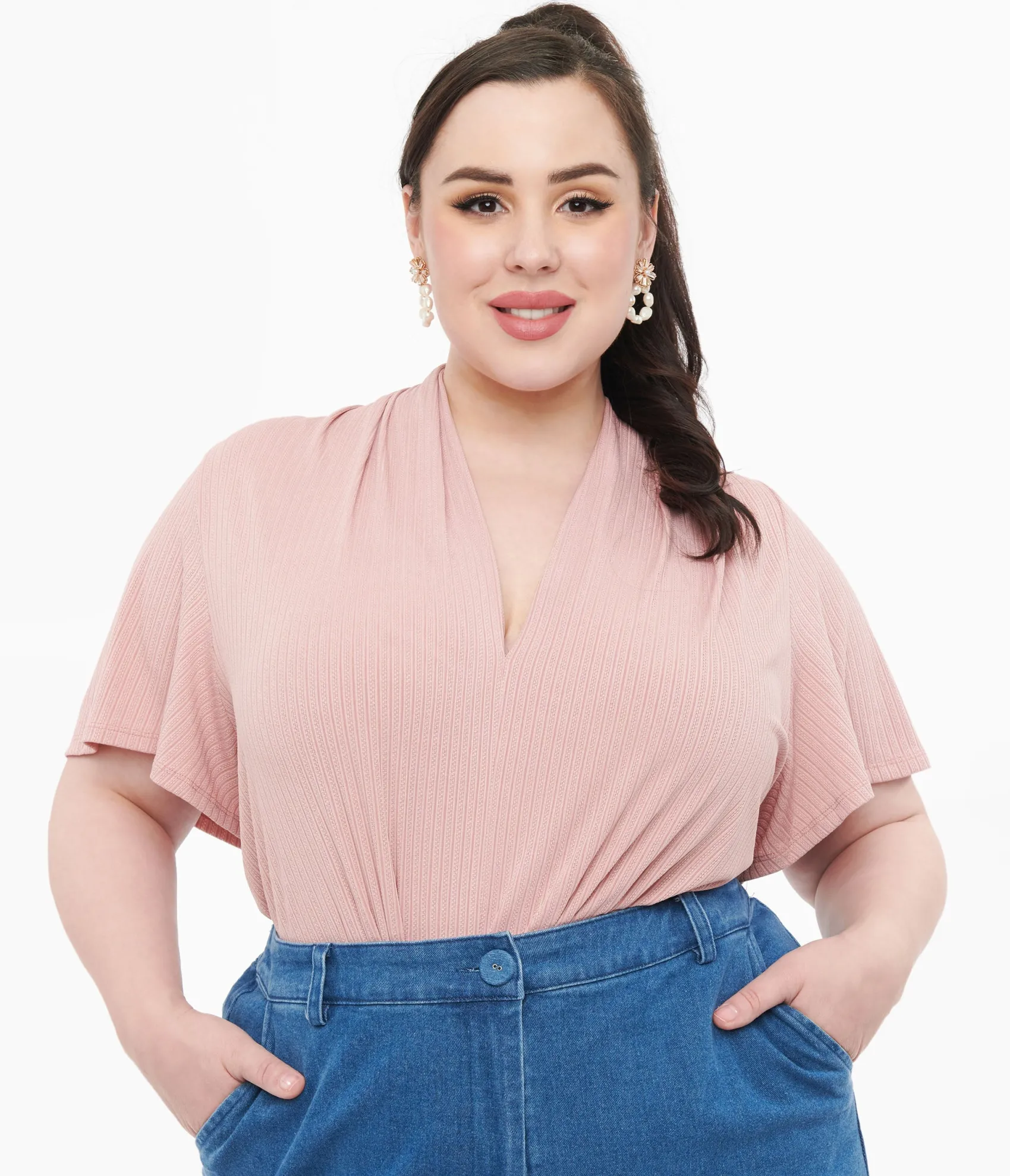 Unique Vintage Plus Size Rose Pink Pointelle Flutter Sleeve Bodysuit Cheap