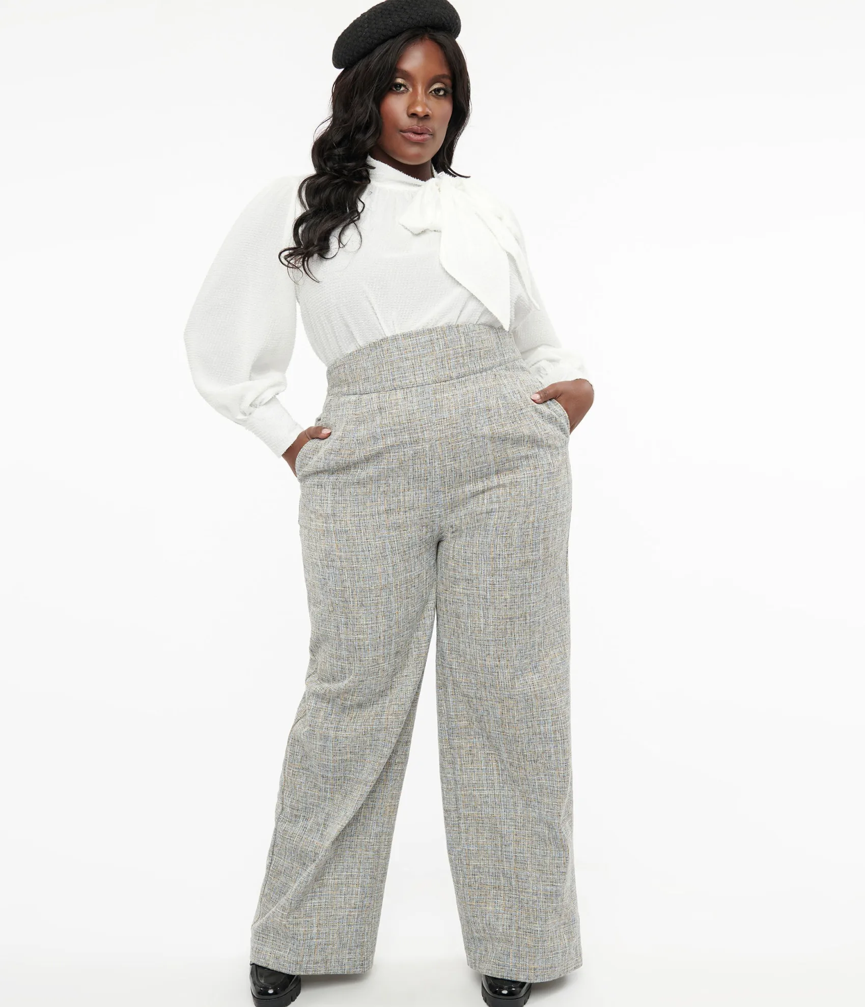 Unique Vintage Plus Size 1940s Beige & Baby Blue Tweed High Waist Pants Cheap