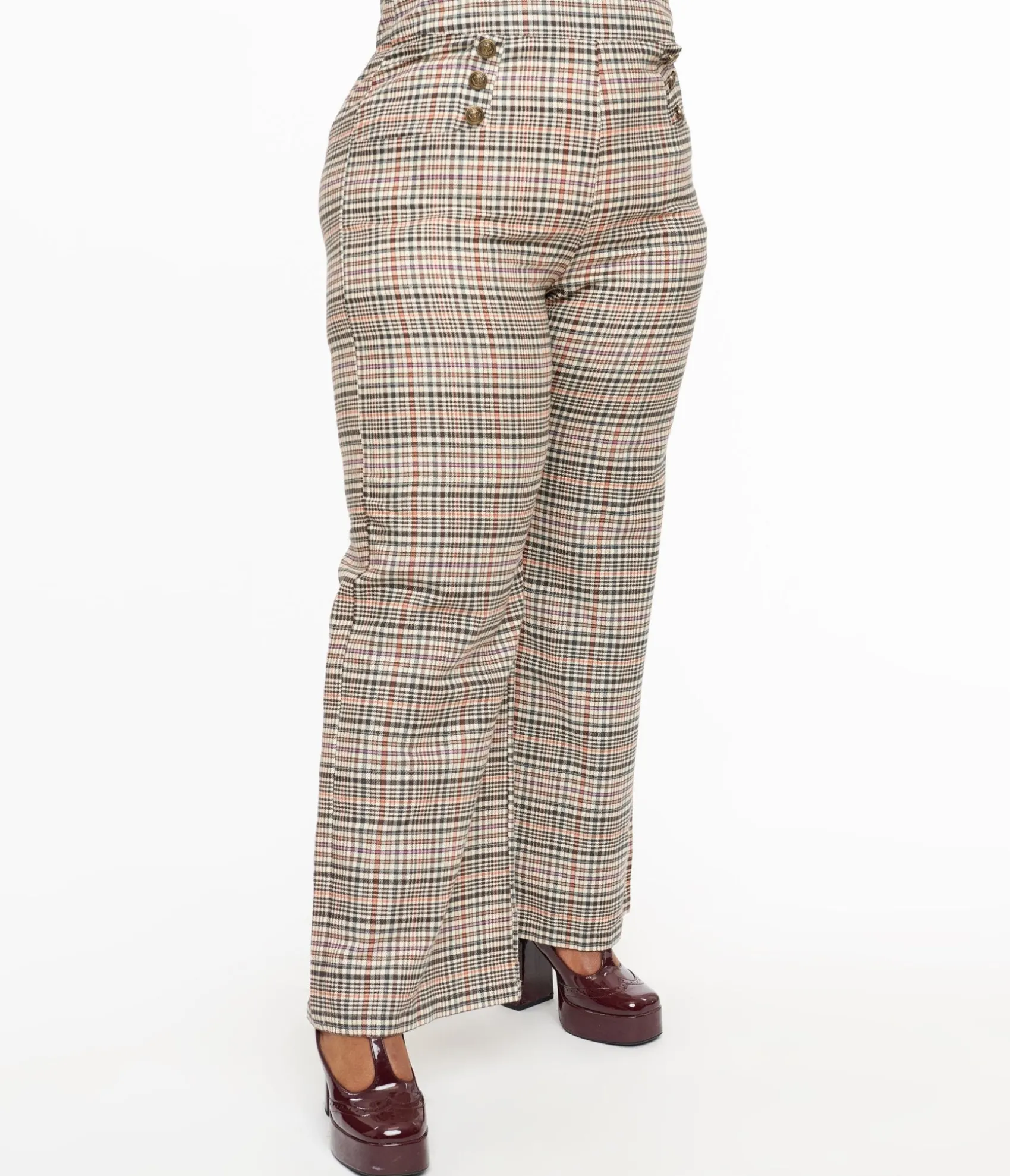Unique Vintage Plus Size 1940s Beige Plaid High Waist Sailor Ginger Pants Fashion