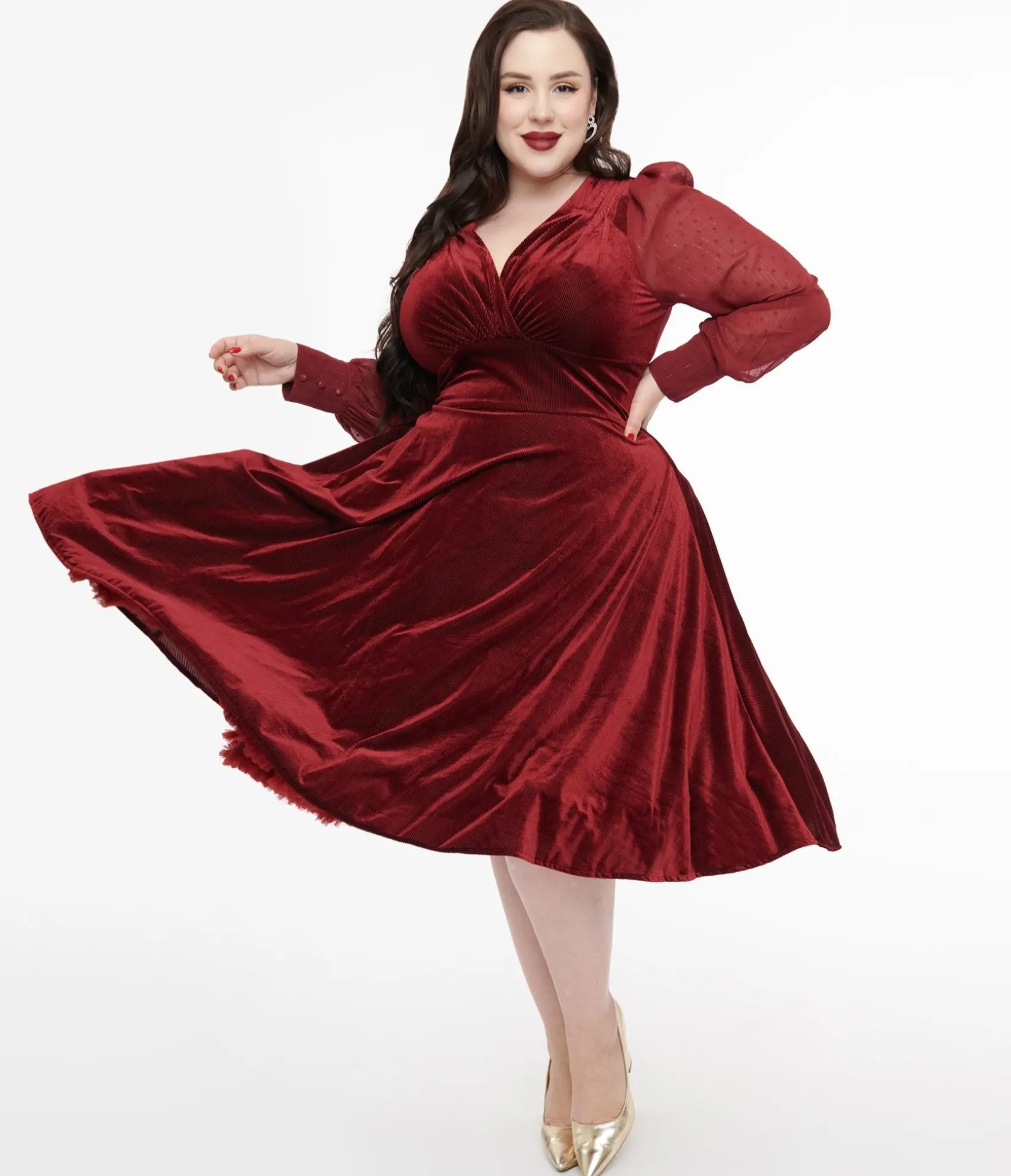 Unique Vintage Plus Size 1950s Berry Velvet Sheer Sleeve Delores Swing Dress Shop