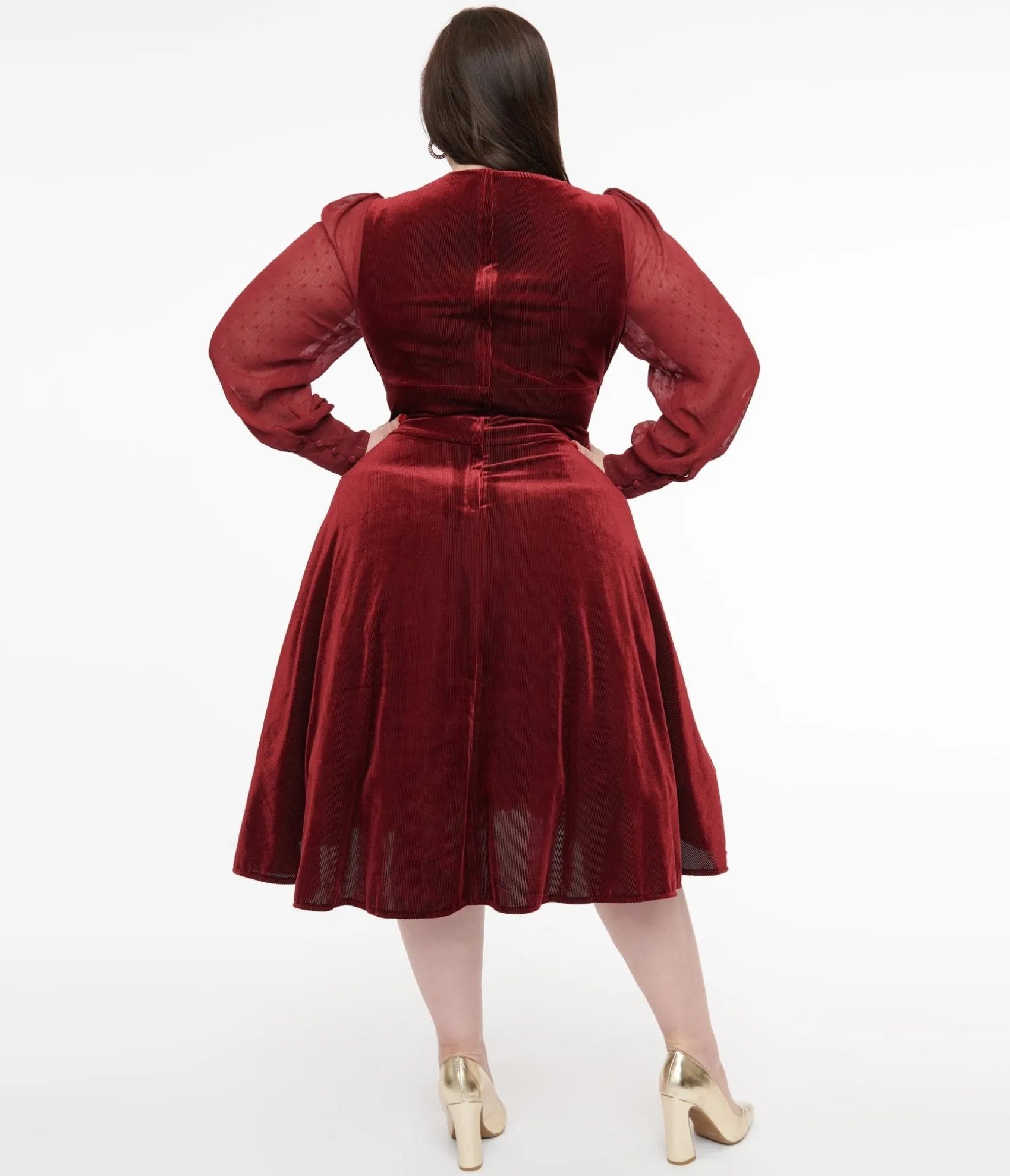Unique Vintage Plus Size 1950s Berry Velvet Sheer Sleeve Delores Swing Dress Shop