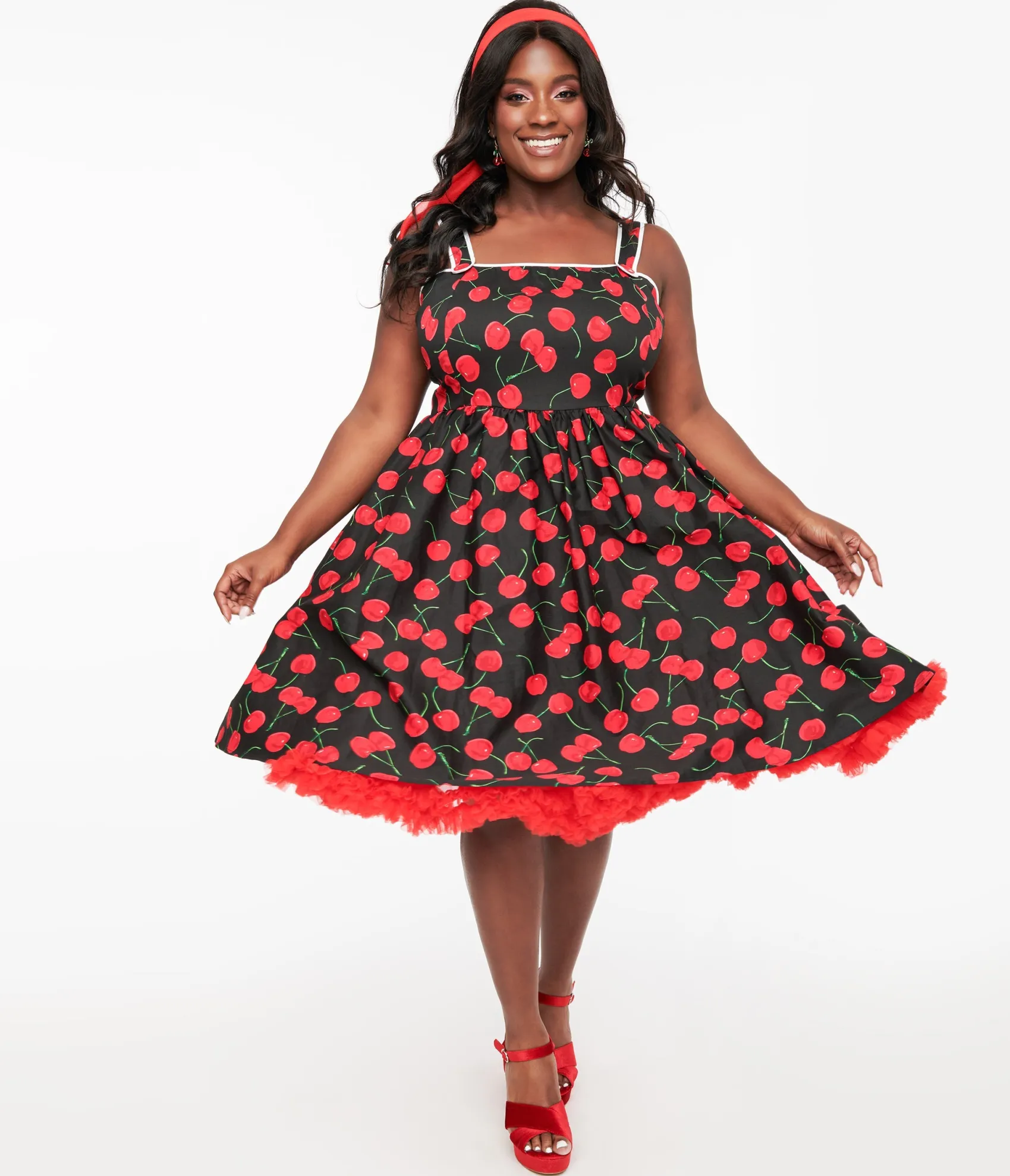Unique Vintage Plus Size 1950s Black & Cherry Print Cotton Pinafore Swing Dress Sale