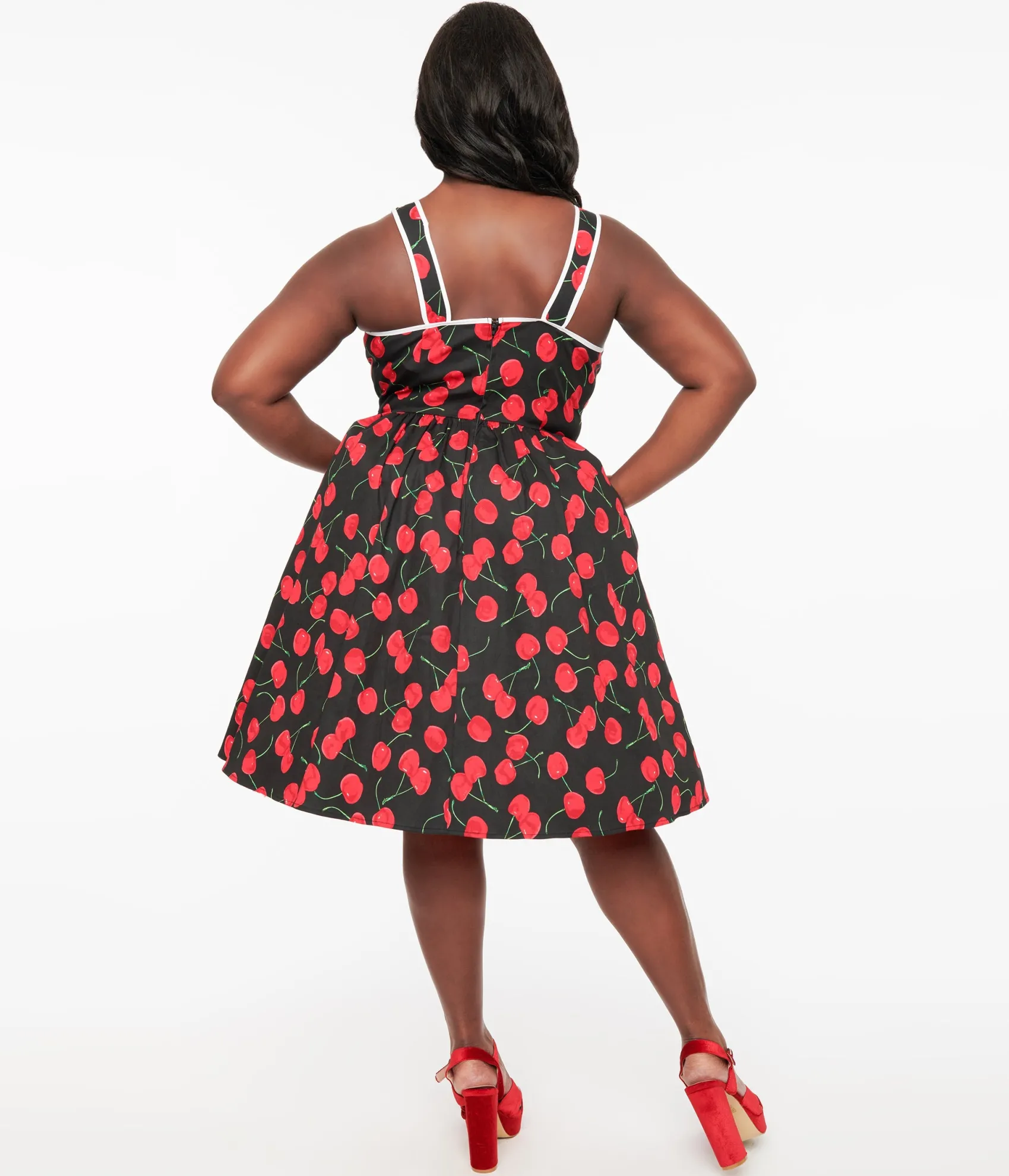Unique Vintage Plus Size 1950s Black & Cherry Print Cotton Pinafore Swing Dress Sale