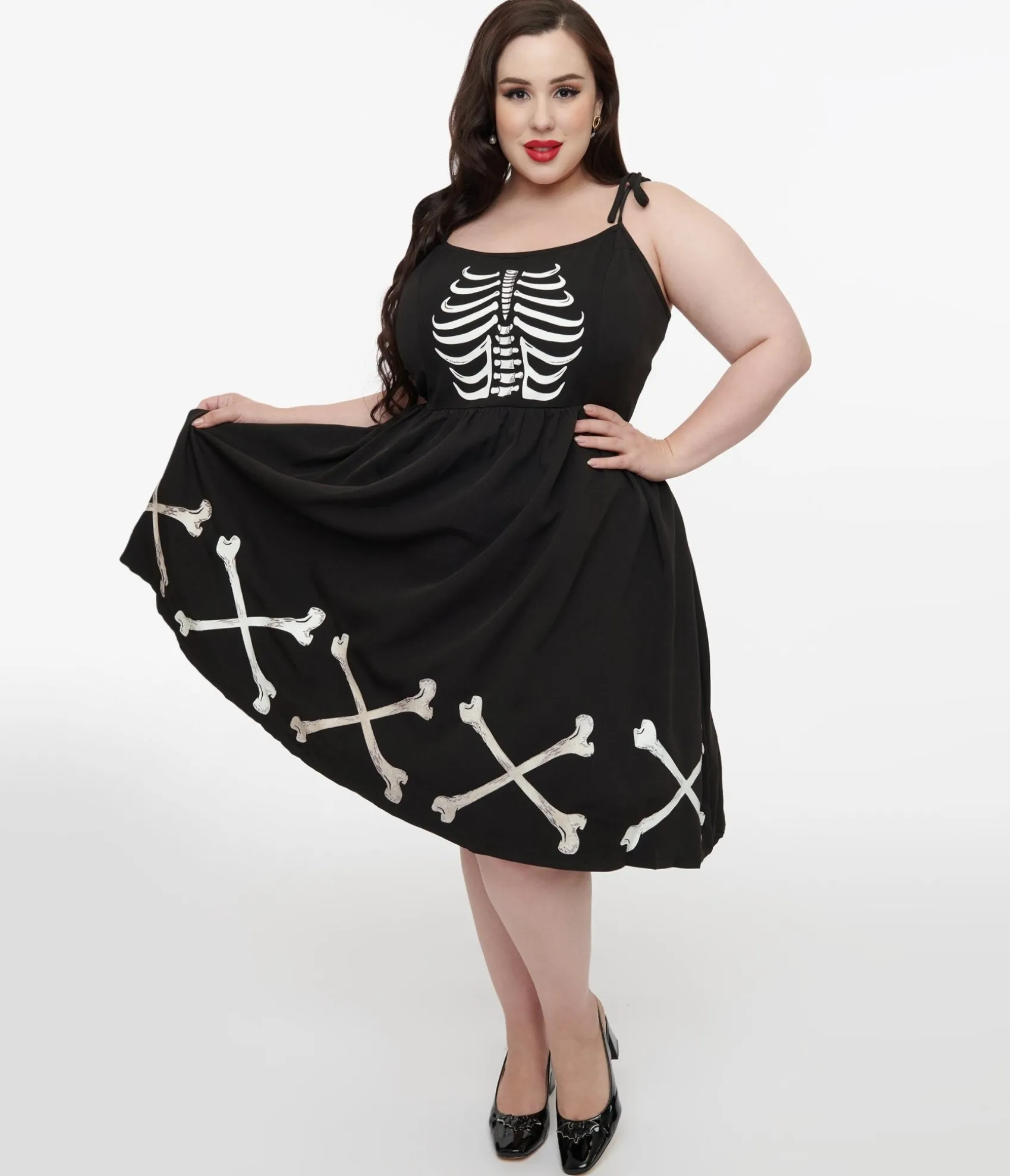 Unique Vintage Plus Size 1950s Black & Glow in the Dark Skeleton Bobbie Swing Dress Cheap