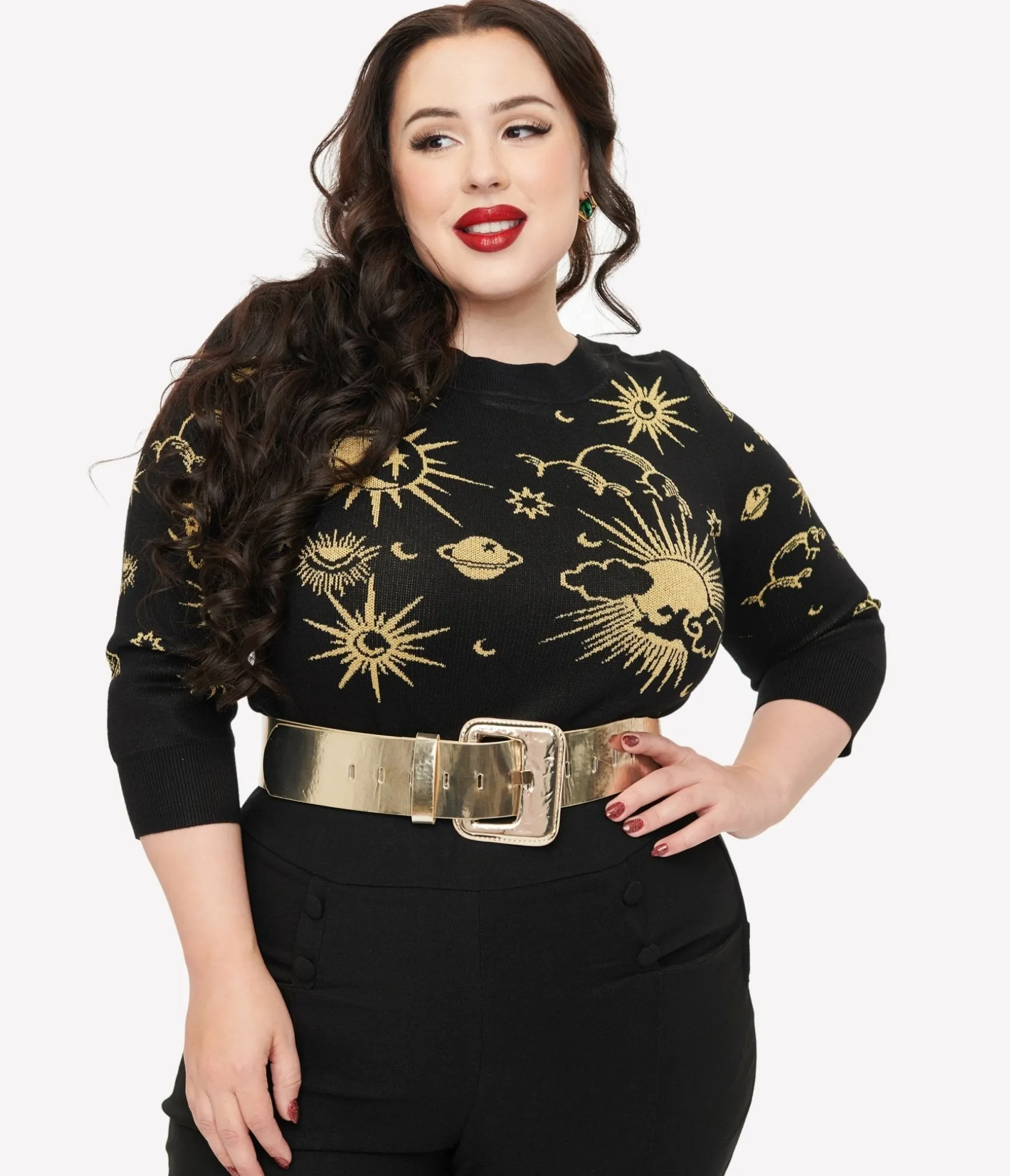 Unique Vintage Plus Size 1950s Black & Gold Celestial Minou Sweater Cheap