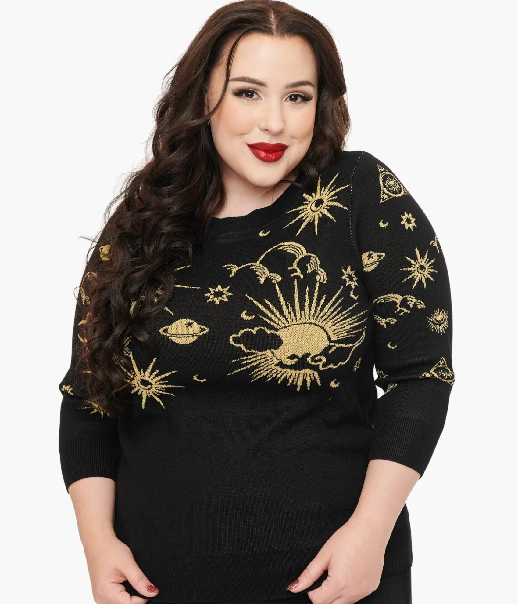 Unique Vintage Plus Size 1950s Black & Gold Celestial Minou Sweater Cheap