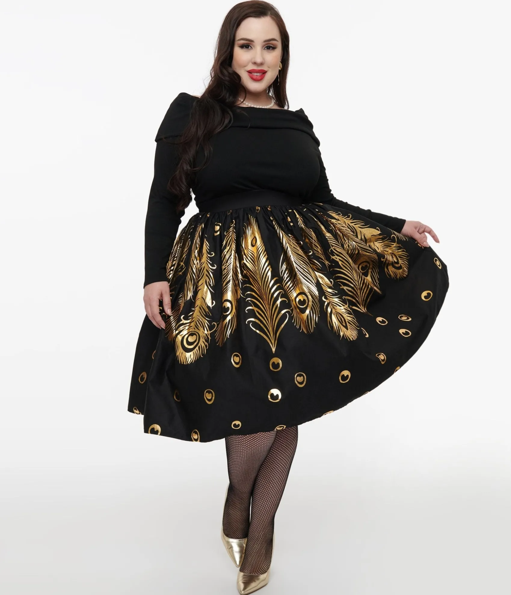 Unique Vintage Plus Size 1950s Black & Gold Foil Feather Gellar Swing Skirt Best Sale