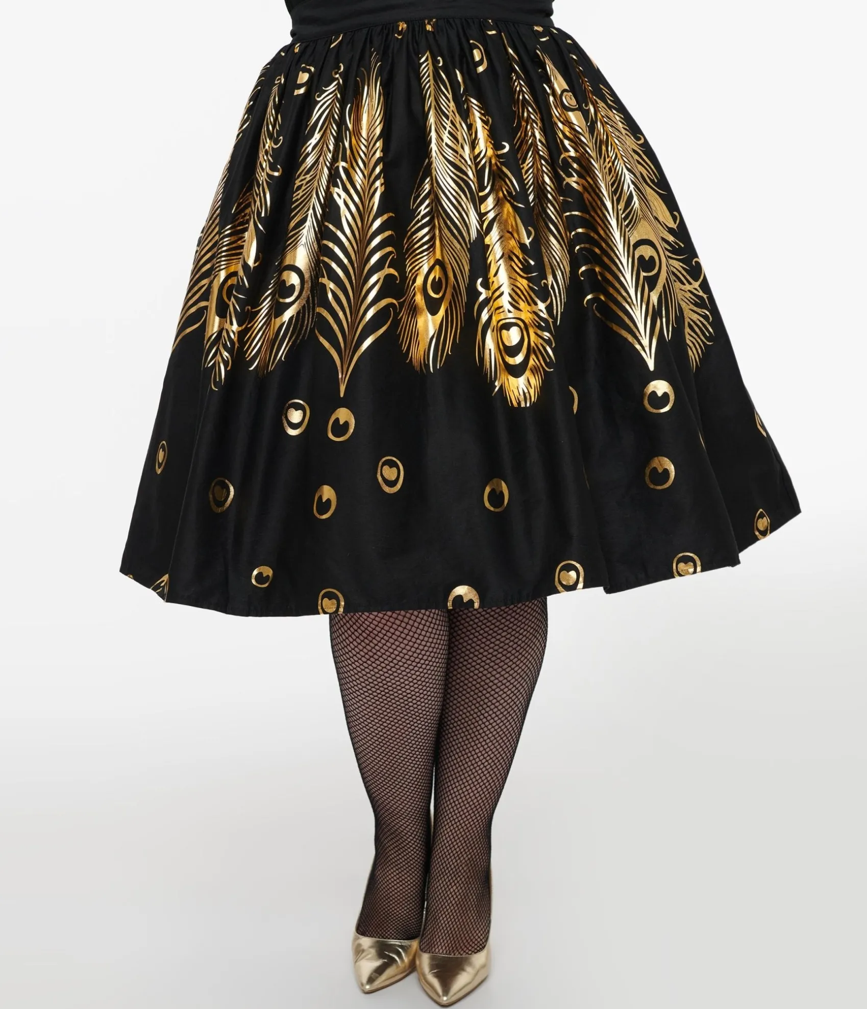 Unique Vintage Plus Size 1950s Black & Gold Foil Feather Gellar Swing Skirt Best Sale