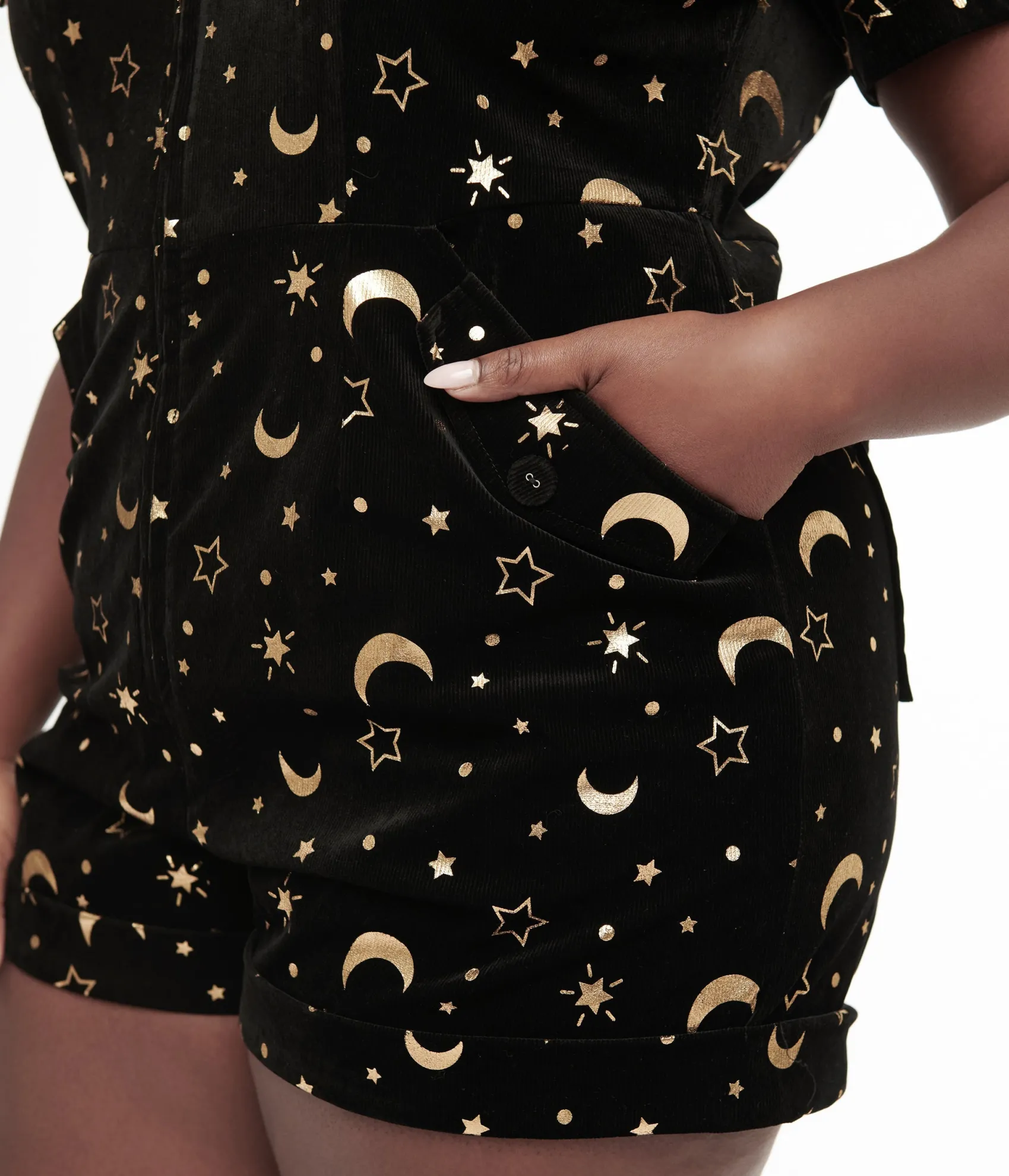 Unique Vintage Plus Size 1960s Black & Gold Moon Print Mia Romper Fashion