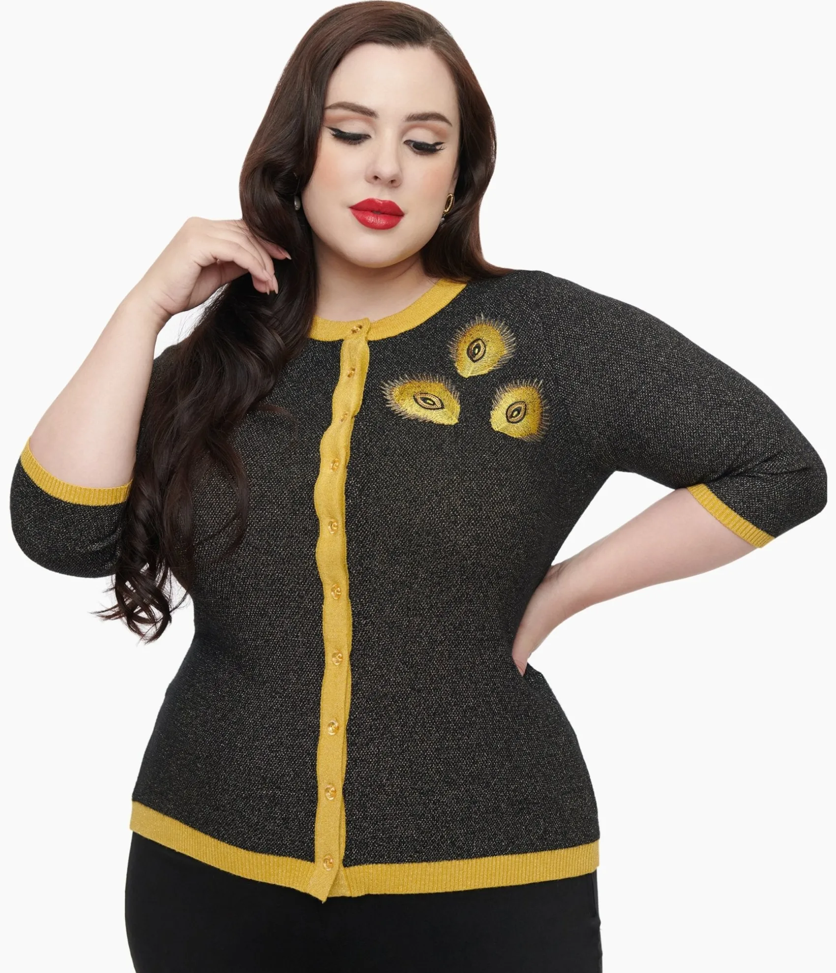 Unique Vintage Plus Size 1950s Black & Gold Peacock Feather Embroidered Bookworm Cardigan Flash Sale