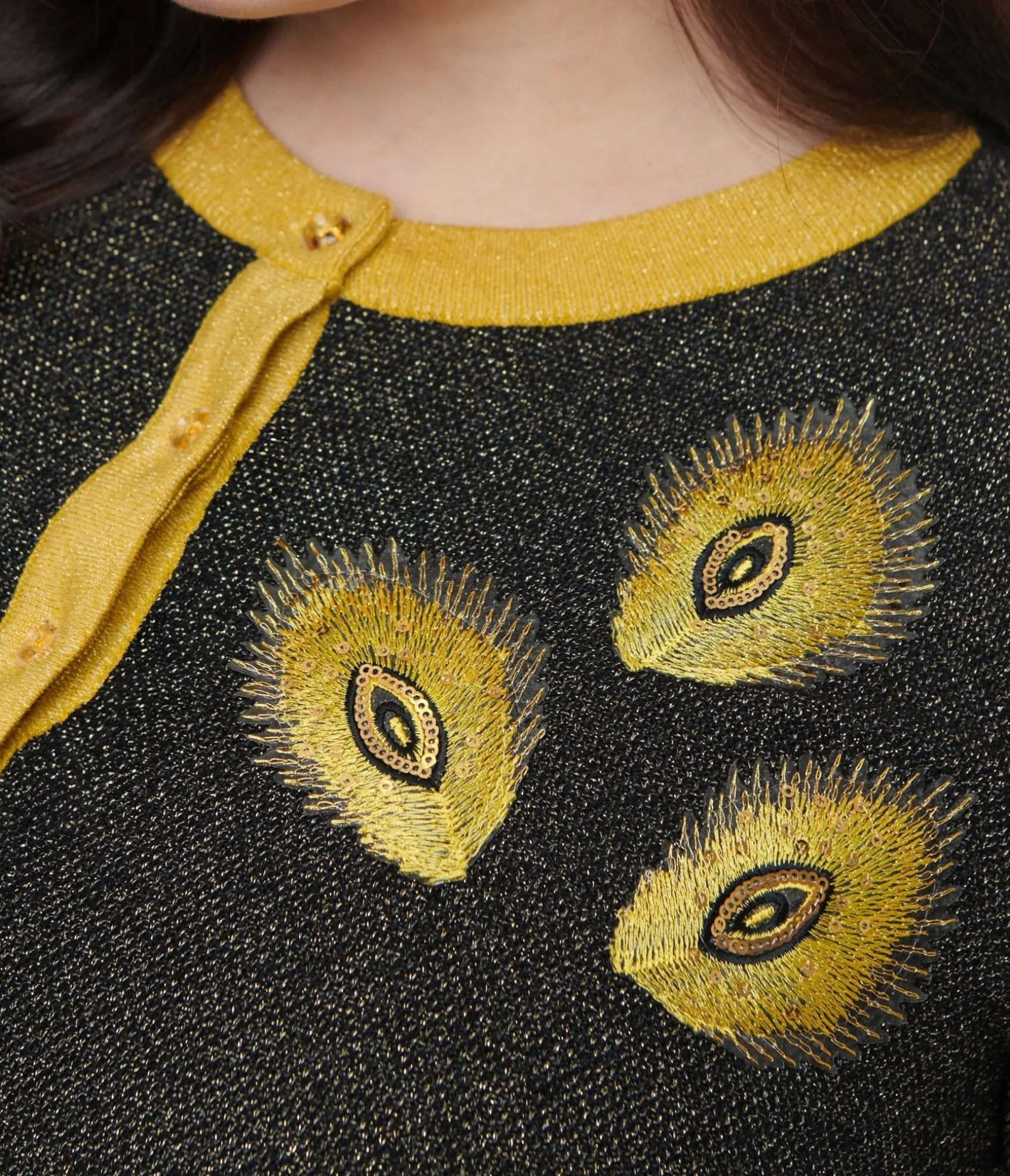 Unique Vintage Plus Size 1950s Black & Gold Peacock Feather Embroidered Bookworm Cardigan Flash Sale