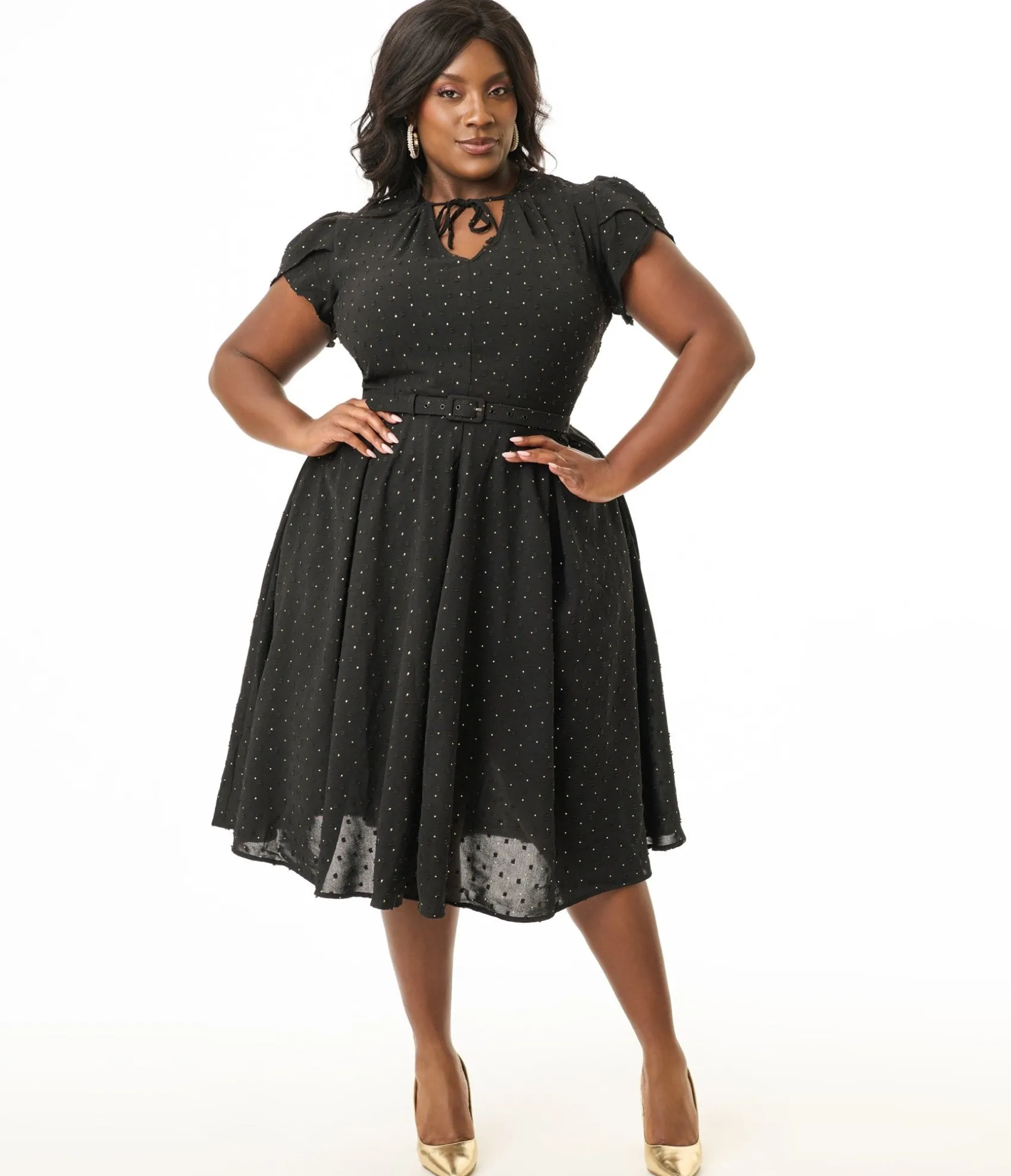 Unique Vintage Plus Size 1950s Black & Gold Pin Dot Dahlia Swing Dress Best