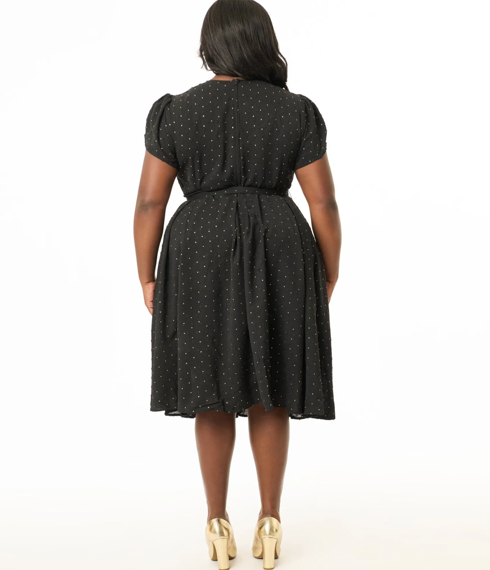 Unique Vintage Plus Size 1950s Black & Gold Pin Dot Dahlia Swing Dress Best