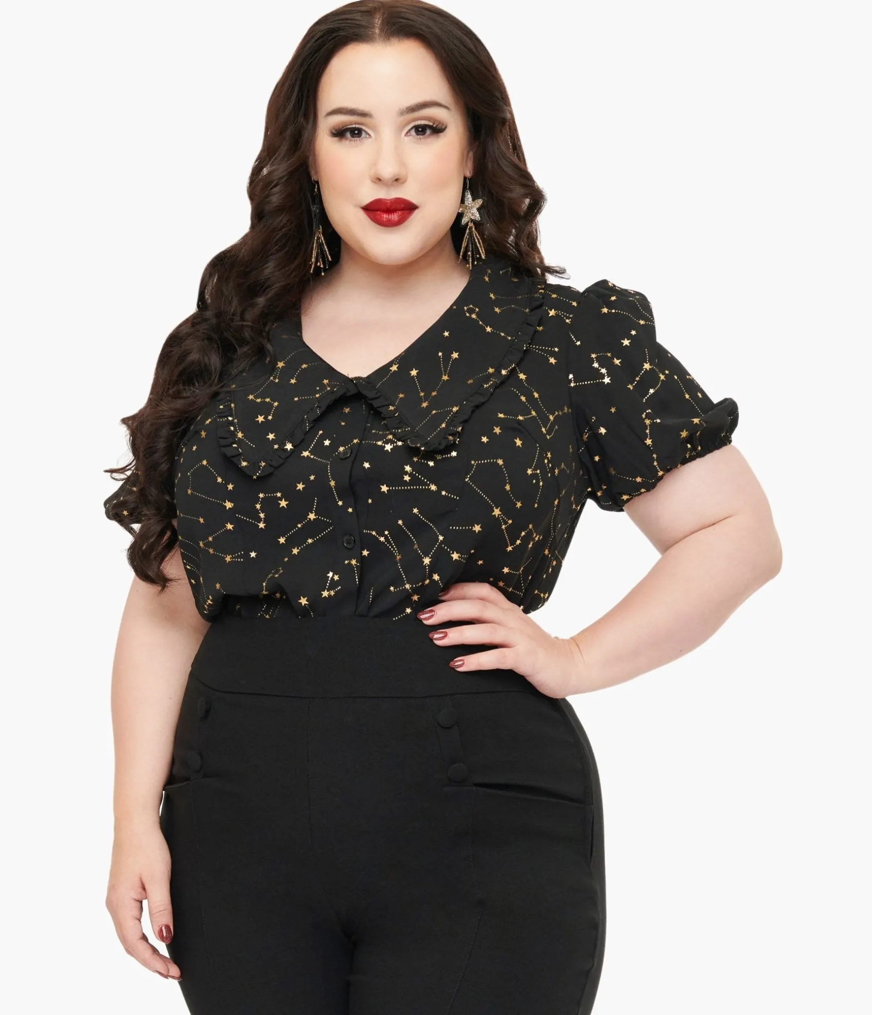 Unique Vintage Plus Size 1930s Black & Gold Stars Oversized Collar Blouse New