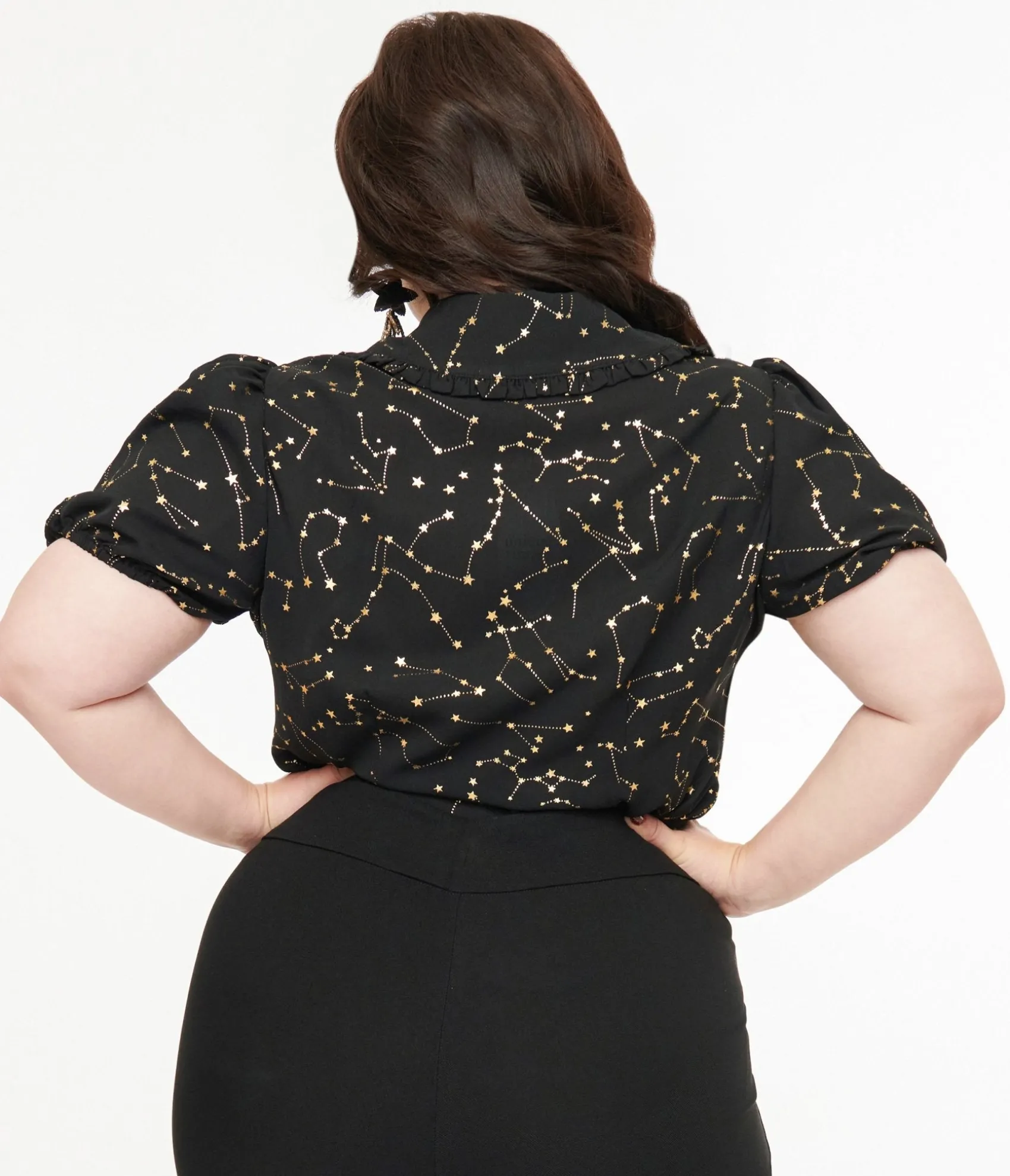 Unique Vintage Plus Size 1930s Black & Gold Stars Oversized Collar Blouse New