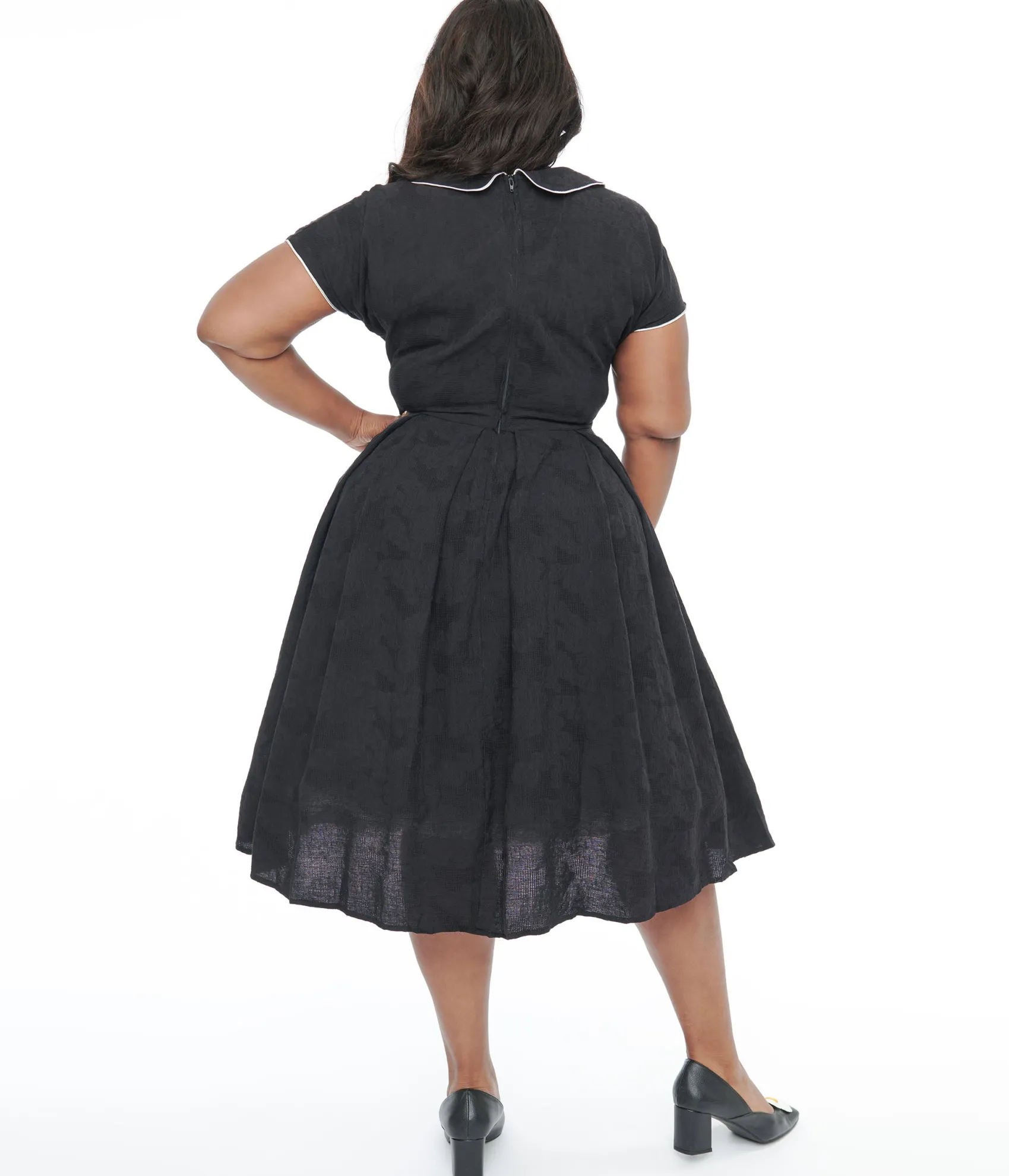 Unique Vintage Plus Size 1950s Black & Ivory Polka Dot Bow Cotton Swing Dress Clearance