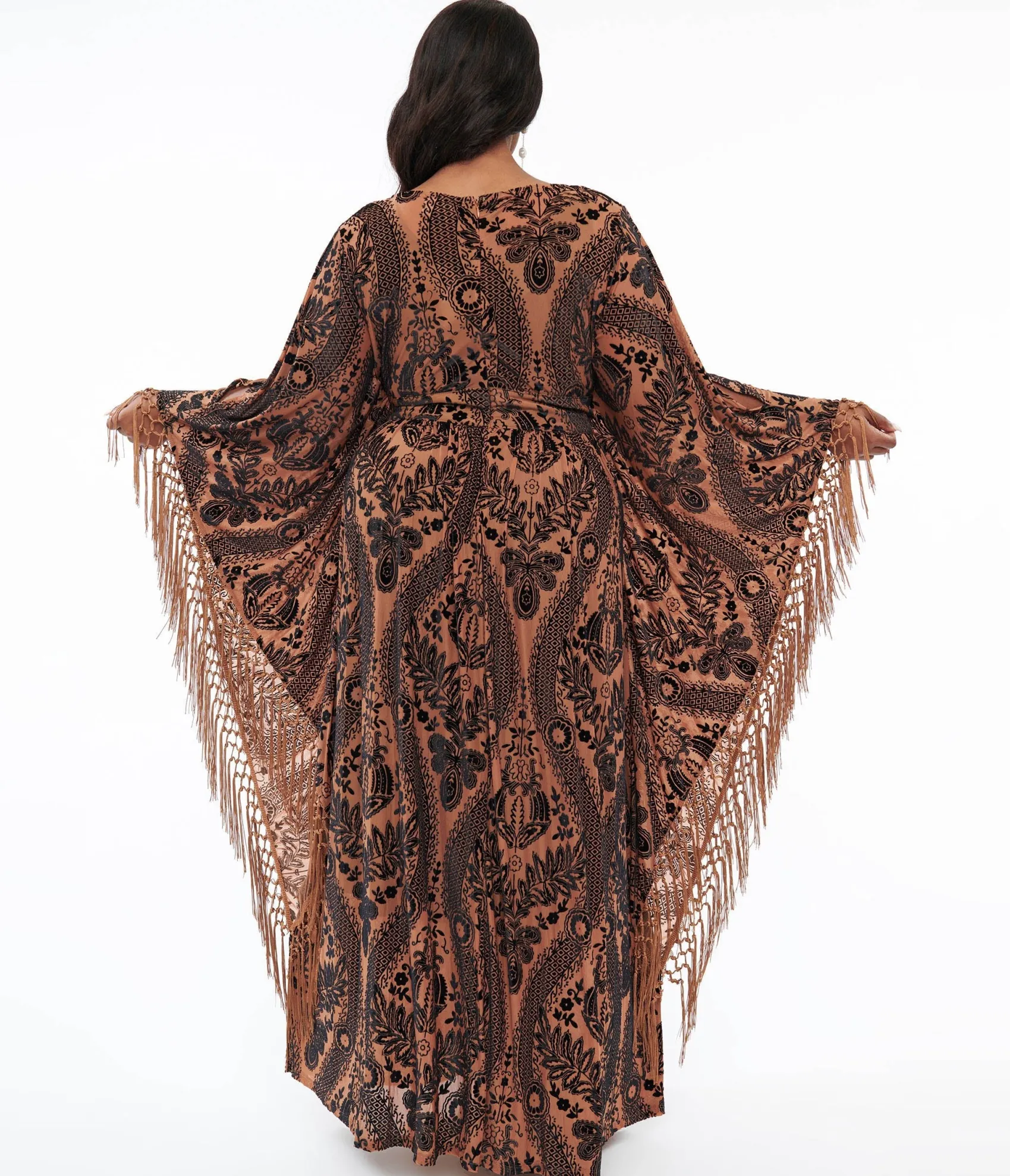 Unique Vintage Plus Size 1960s Black & Nude Floral Fringe Flutter Sleeve Caftan Cheap