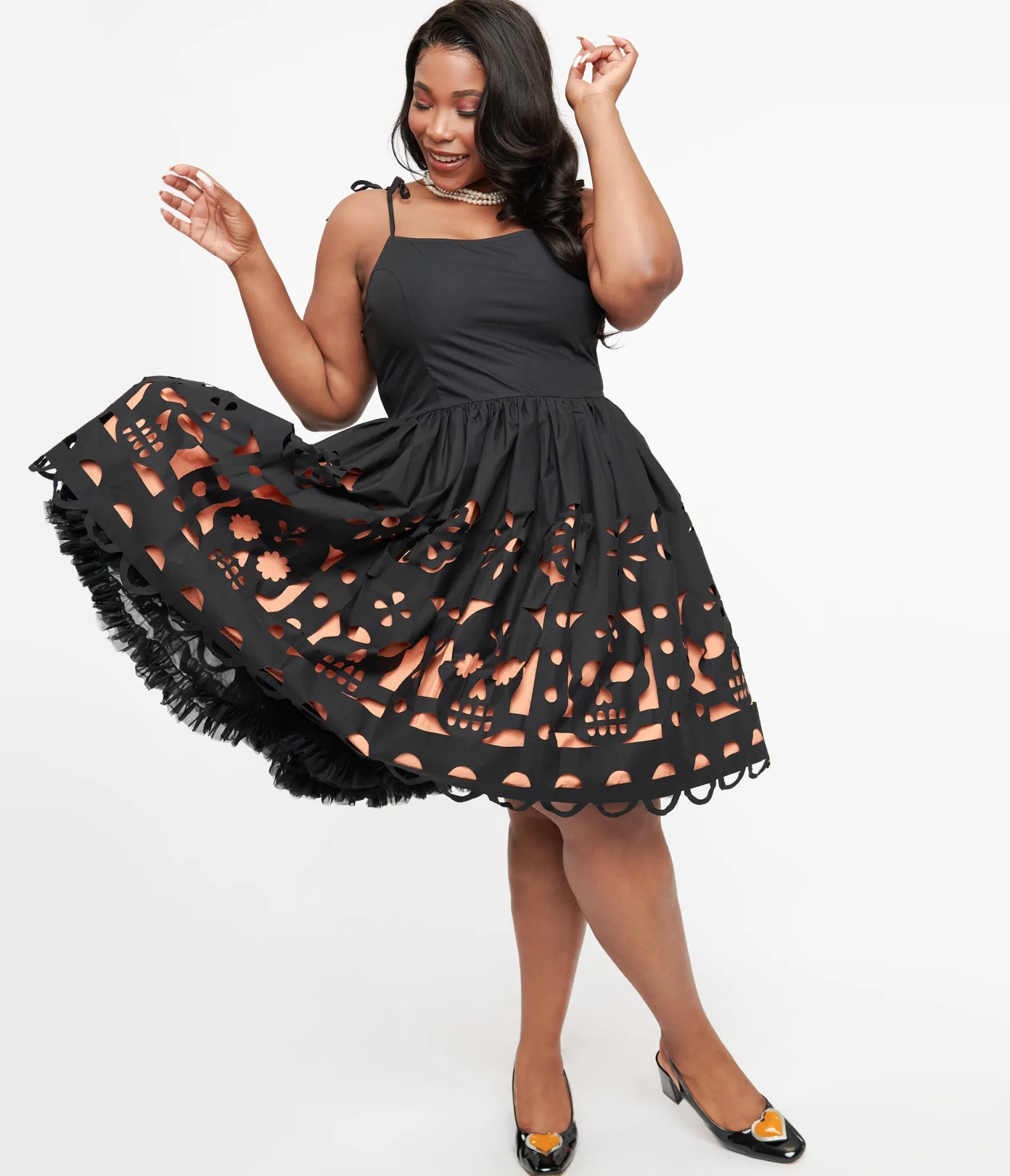 Unique Vintage Plus Size 1950s Black & Orange Dia De Los Muertos Cutout Bobbie Swing Dress Clearance
