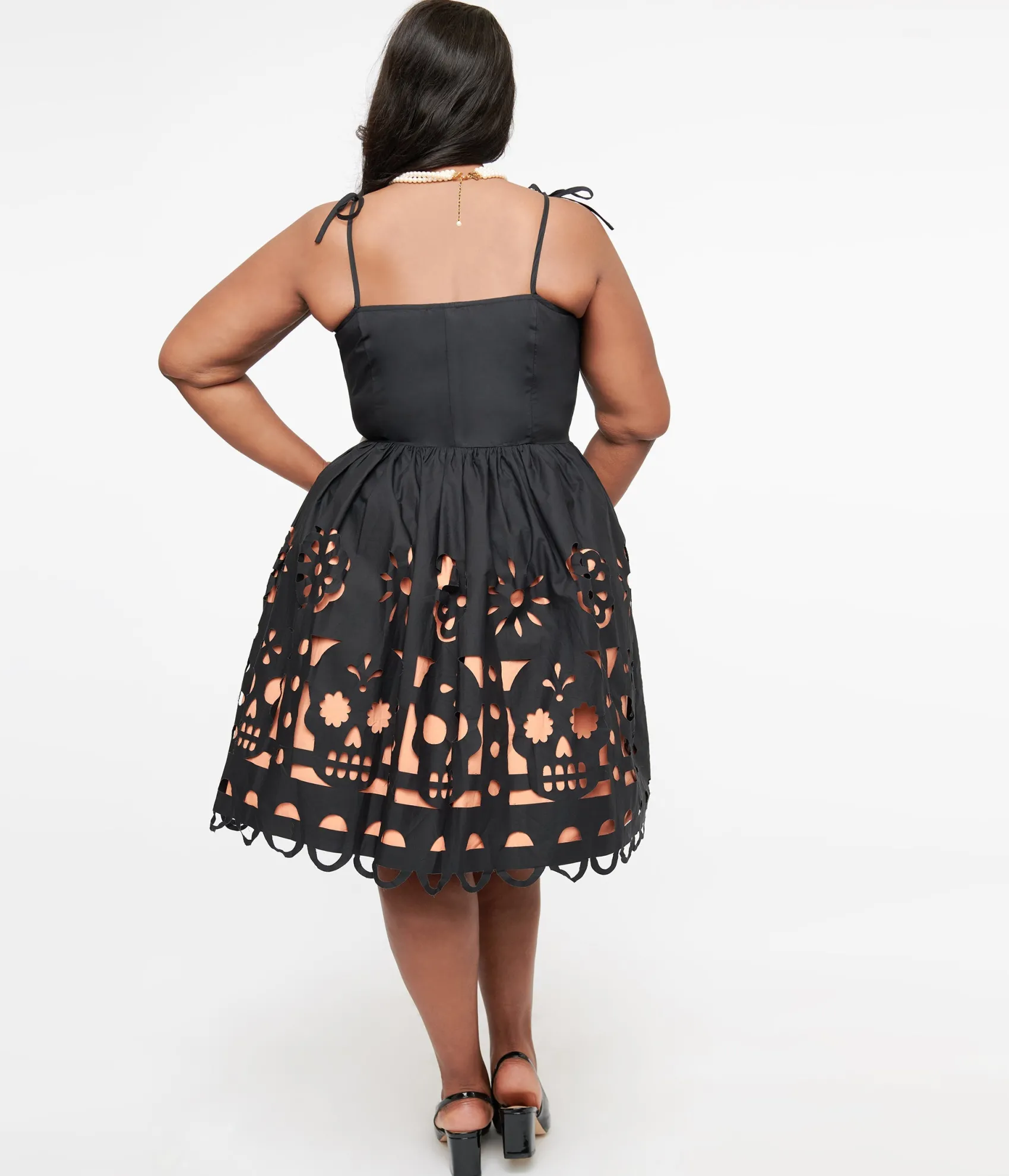 Unique Vintage Plus Size 1950s Black & Orange Dia De Los Muertos Cutout Bobbie Swing Dress Clearance