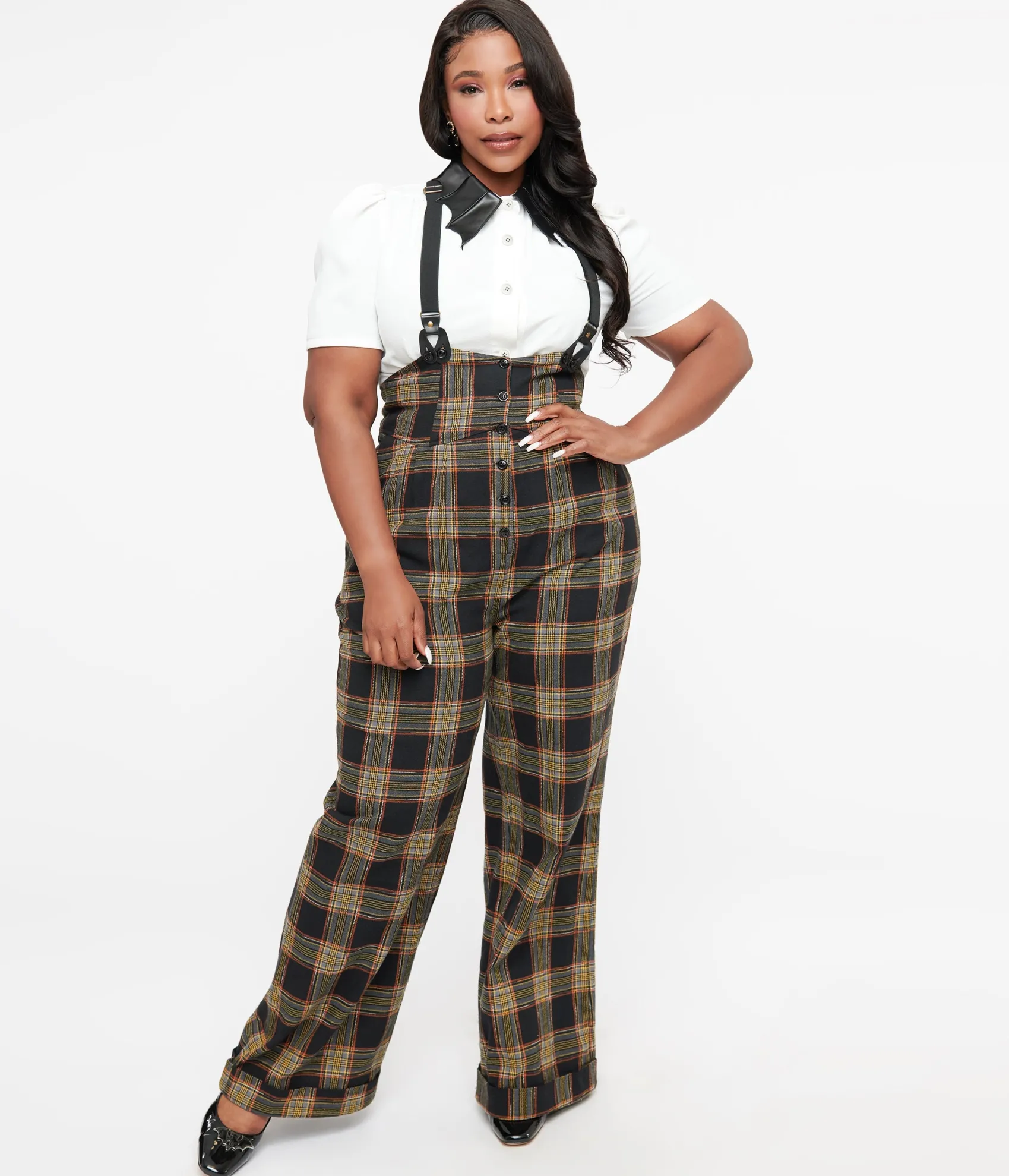 Unique Vintage Plus Size 1930s Black & Orange Plaid Thelma Suspender Pants Best