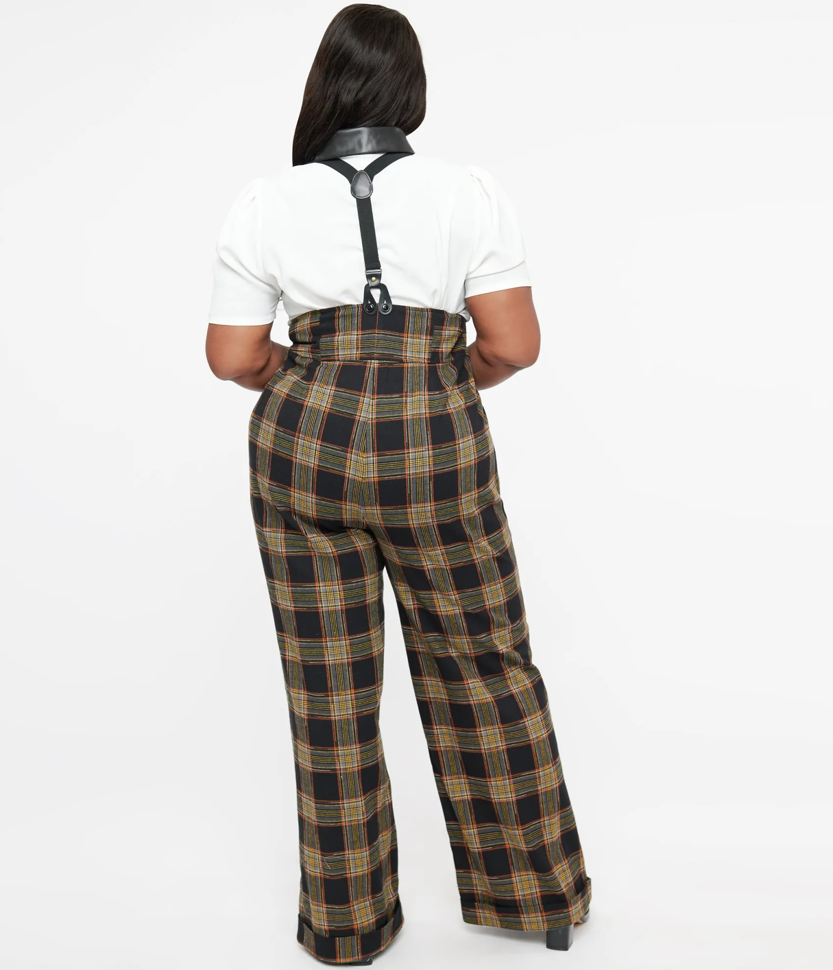 Unique Vintage Plus Size 1930s Black & Orange Plaid Thelma Suspender Pants Best