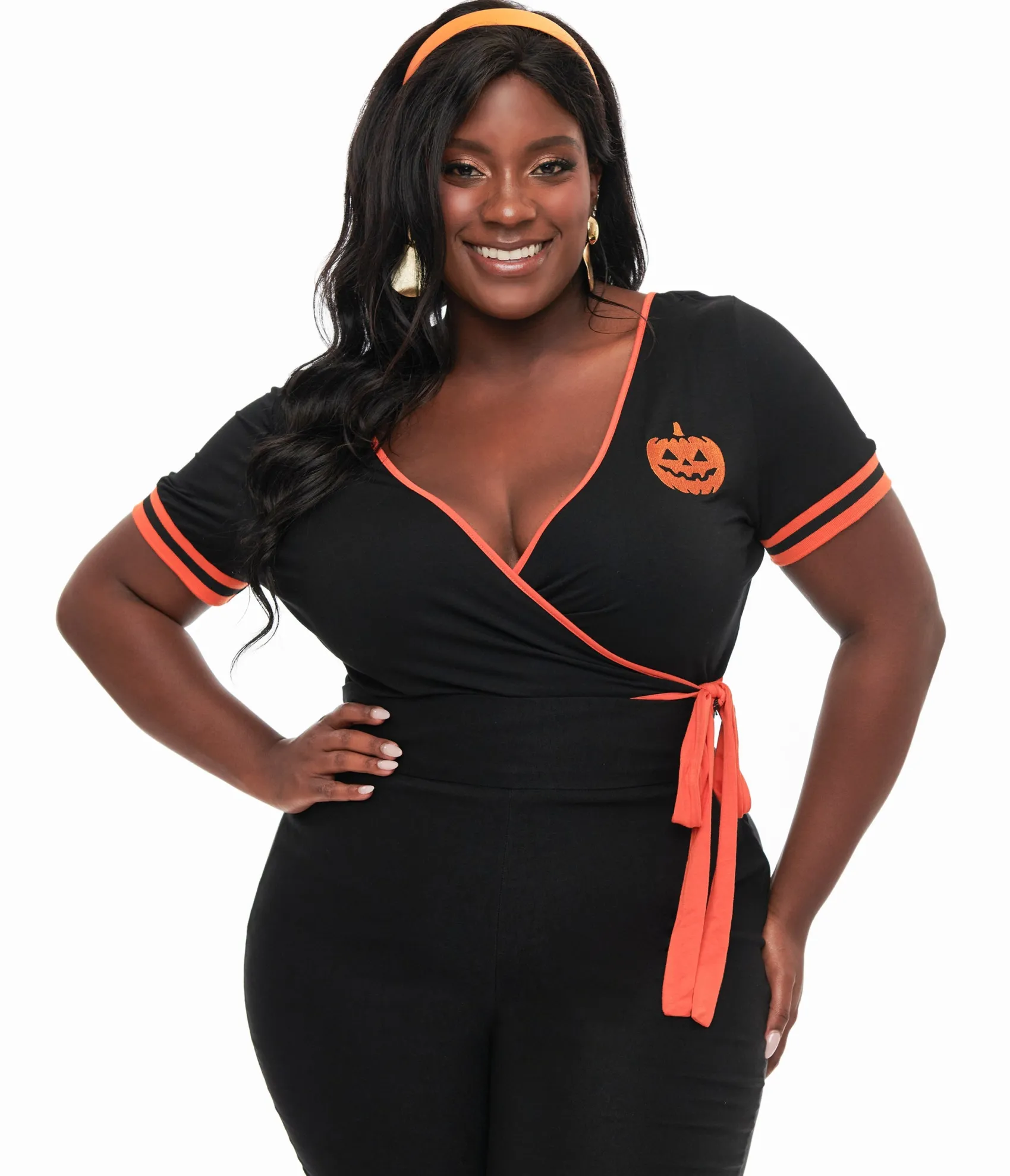 Unique Vintage Plus Size 1970s Black & Orange Pumpkin Surplice Bodysuit Best