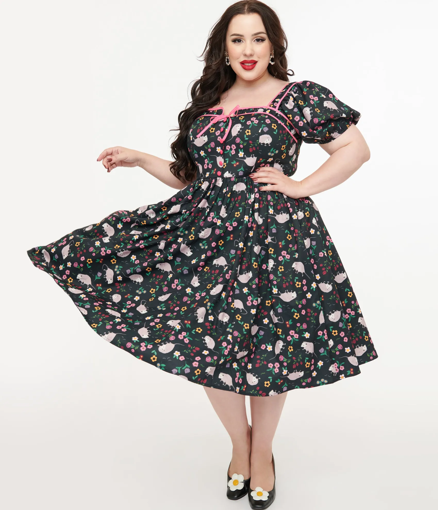 Unique Vintage Plus Size 1940s Black & Pink Awesome Possum Button Front Swing Dress Flash Sale