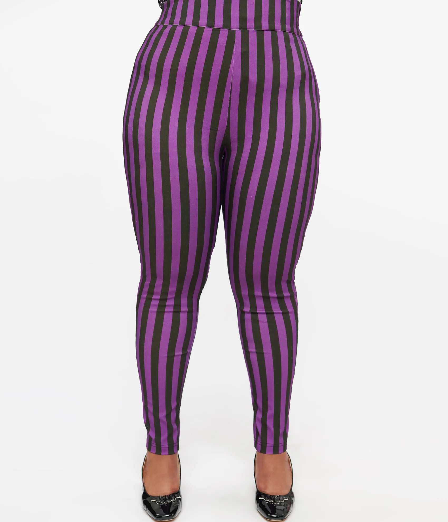 Unique Vintage Plus Size 1960s Black & Purple Stripe High Waist Cigarette Pants Cheap