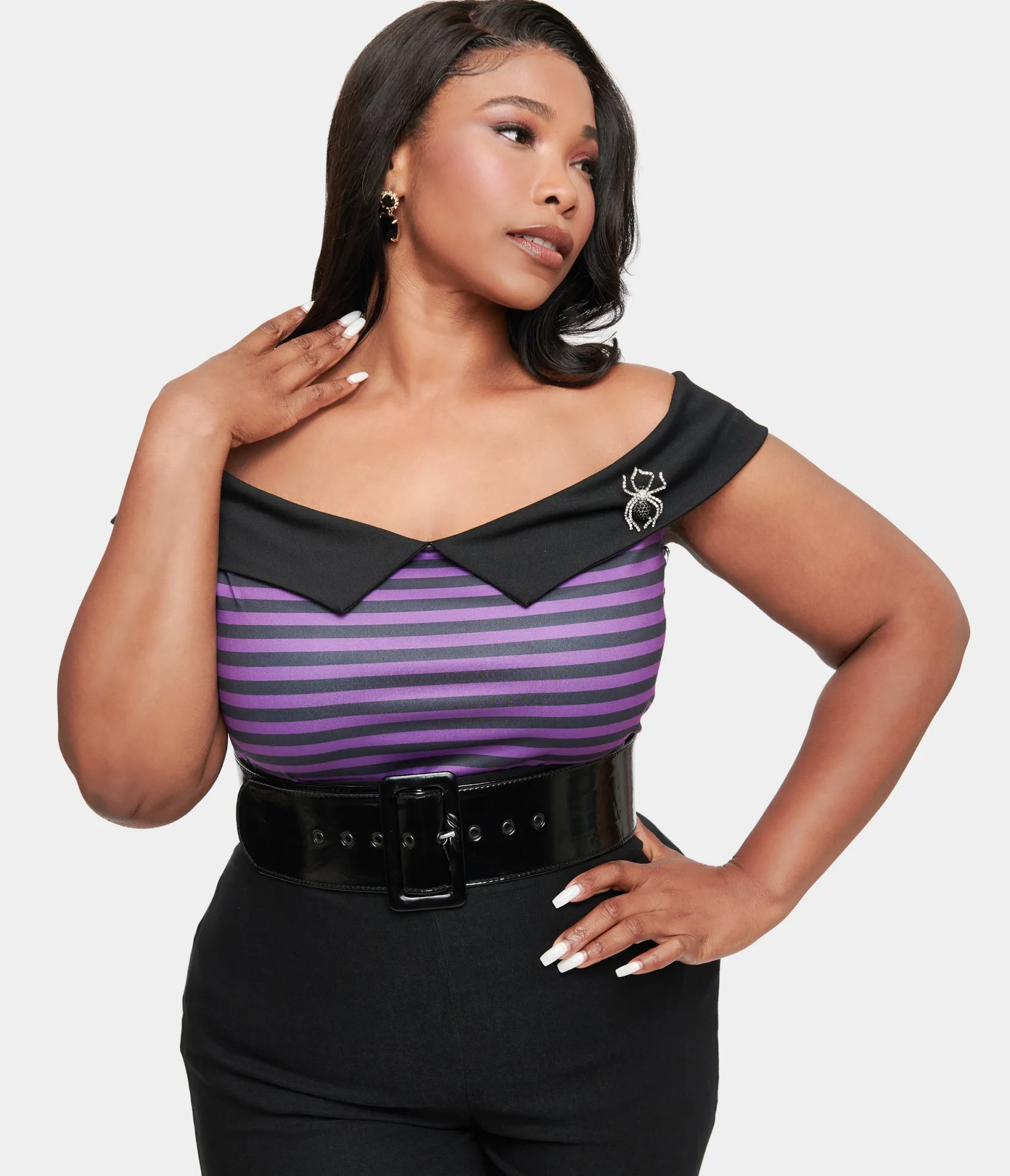Unique Vintage Plus Size 1950s Black & Purple Stripe Maraschino Top Discount