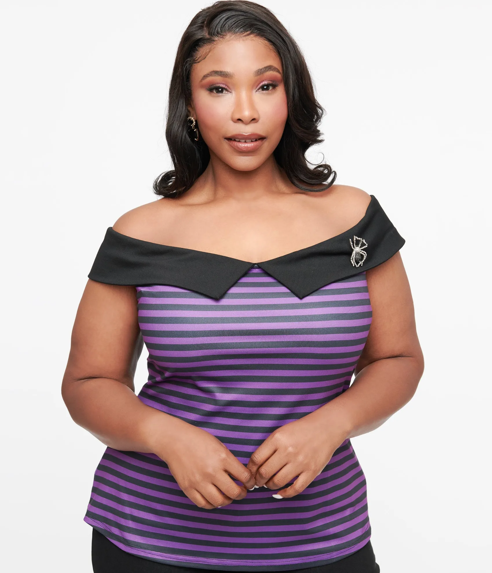Unique Vintage Plus Size 1950s Black & Purple Stripe Maraschino Top Discount