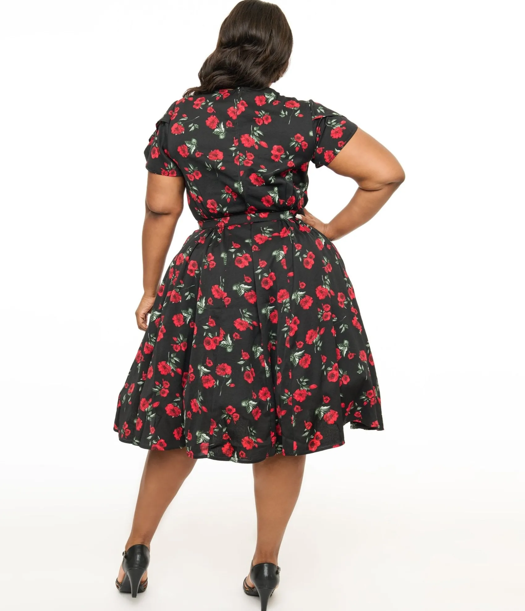 Unique Vintage Plus Size 1940s Black & Red Floral Print Tulip Sleeve Swing Dress New
