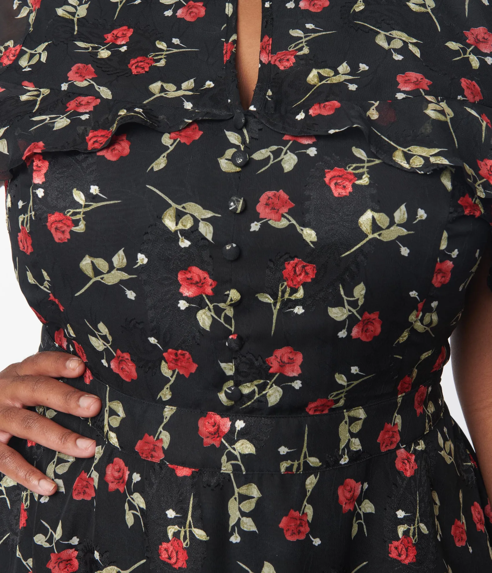 Unique Vintage Plus Size 1950s Black & Red Rose Capulet Fit & Flare Dress Cheap