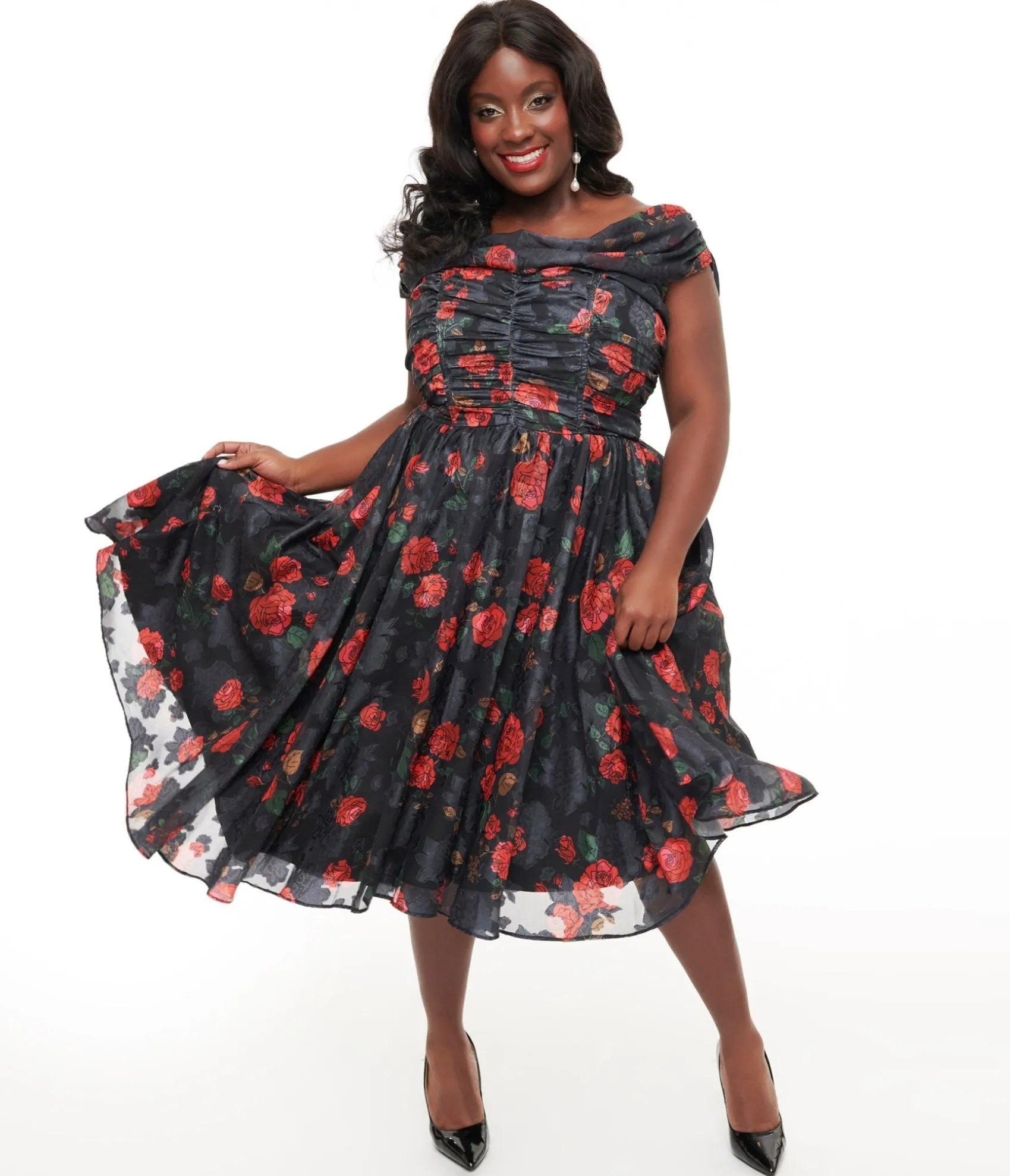 Unique Vintage Plus Size 1950s Black & Red Rose Off The Shoulder Cocktail Dress Hot