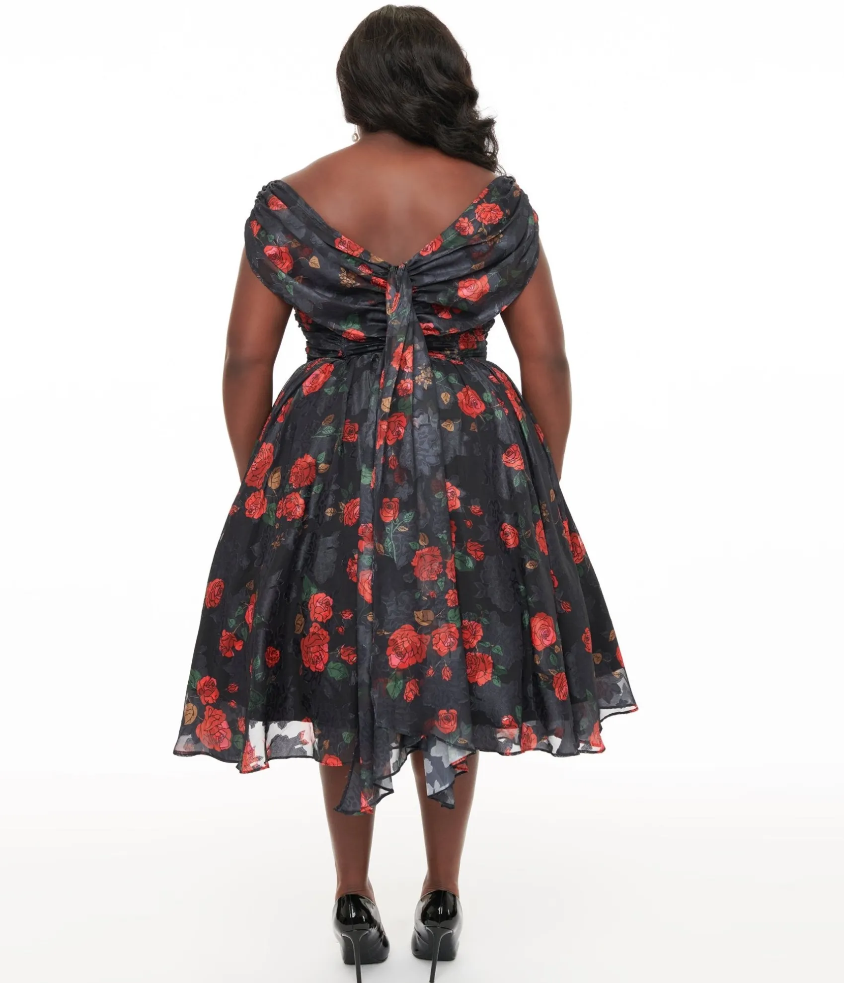 Unique Vintage Plus Size 1950s Black & Red Rose Off The Shoulder Cocktail Dress Hot