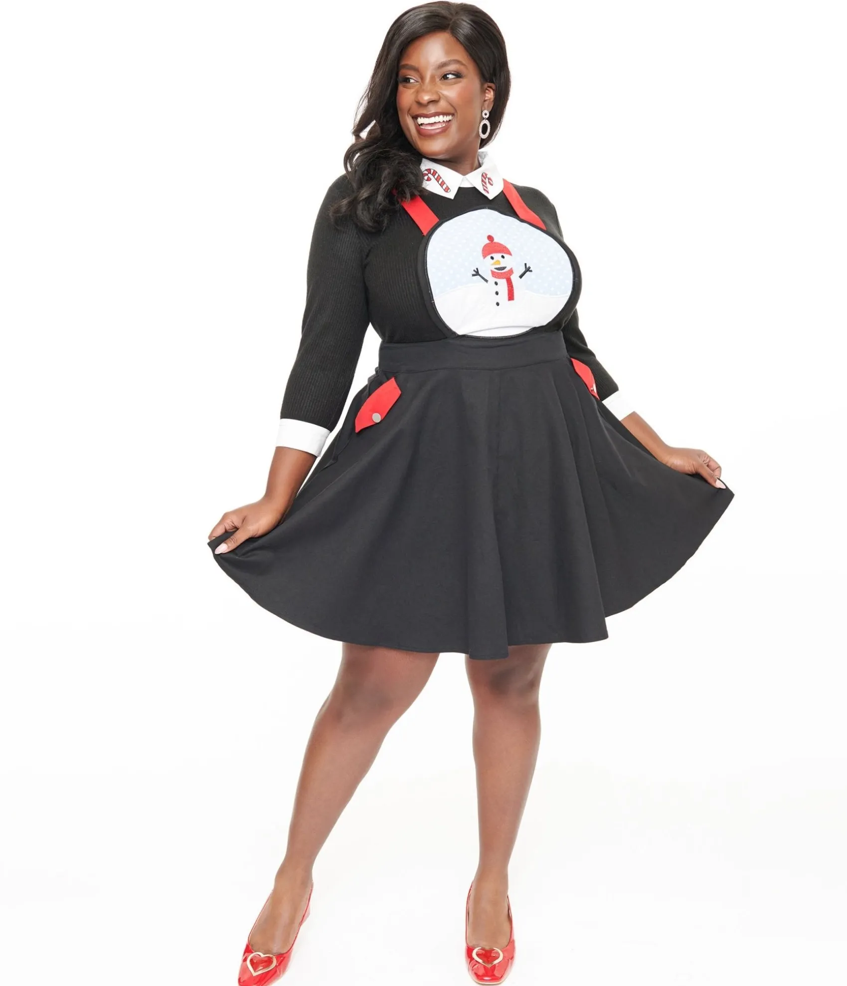 Unique Vintage Plus Size 1950s Black & Red Snowman Snow Globe Pinafore Store
