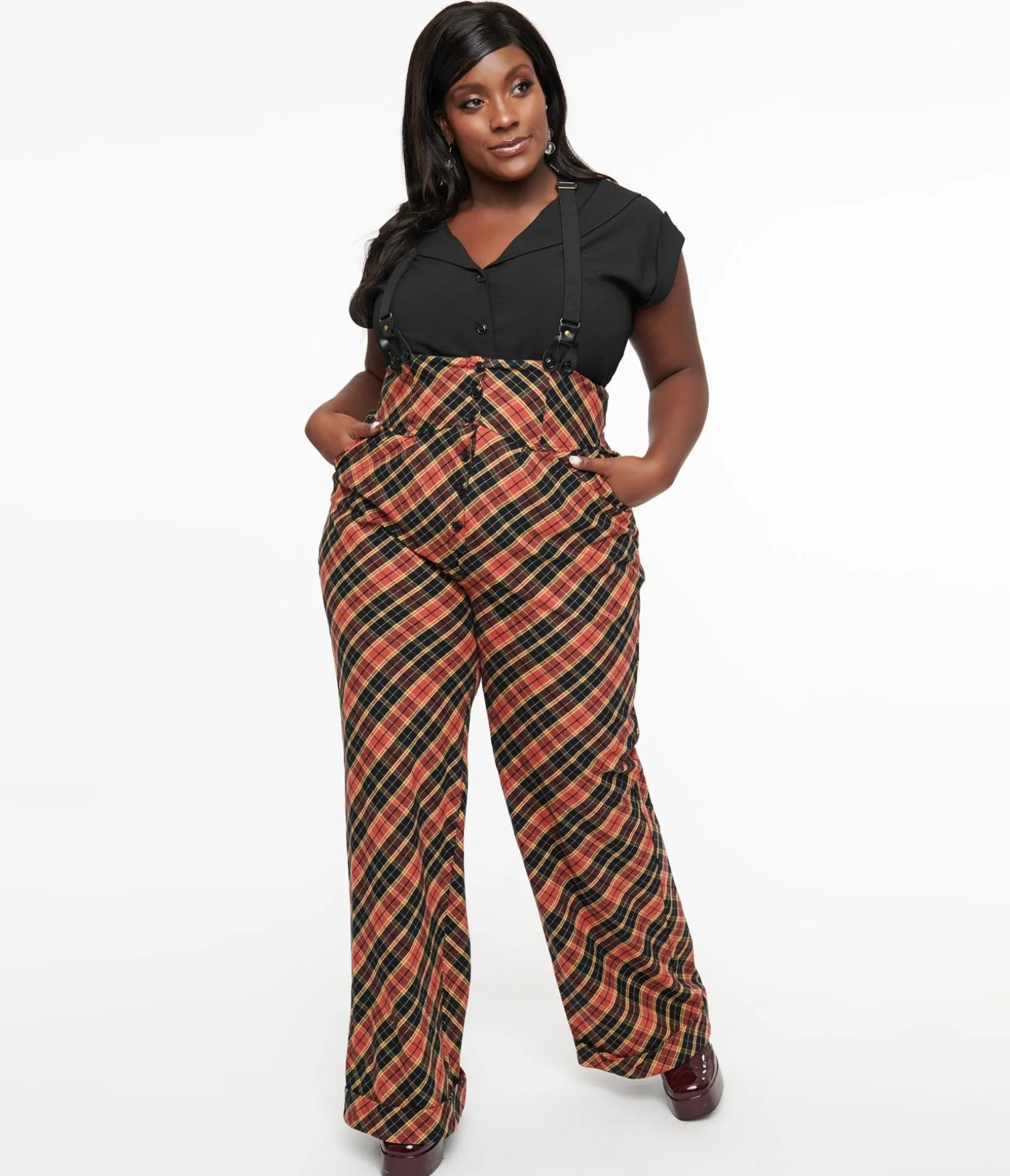 Unique Vintage Plus Size 1930s Black & Rust Plaid Thelma Suspender Pants New