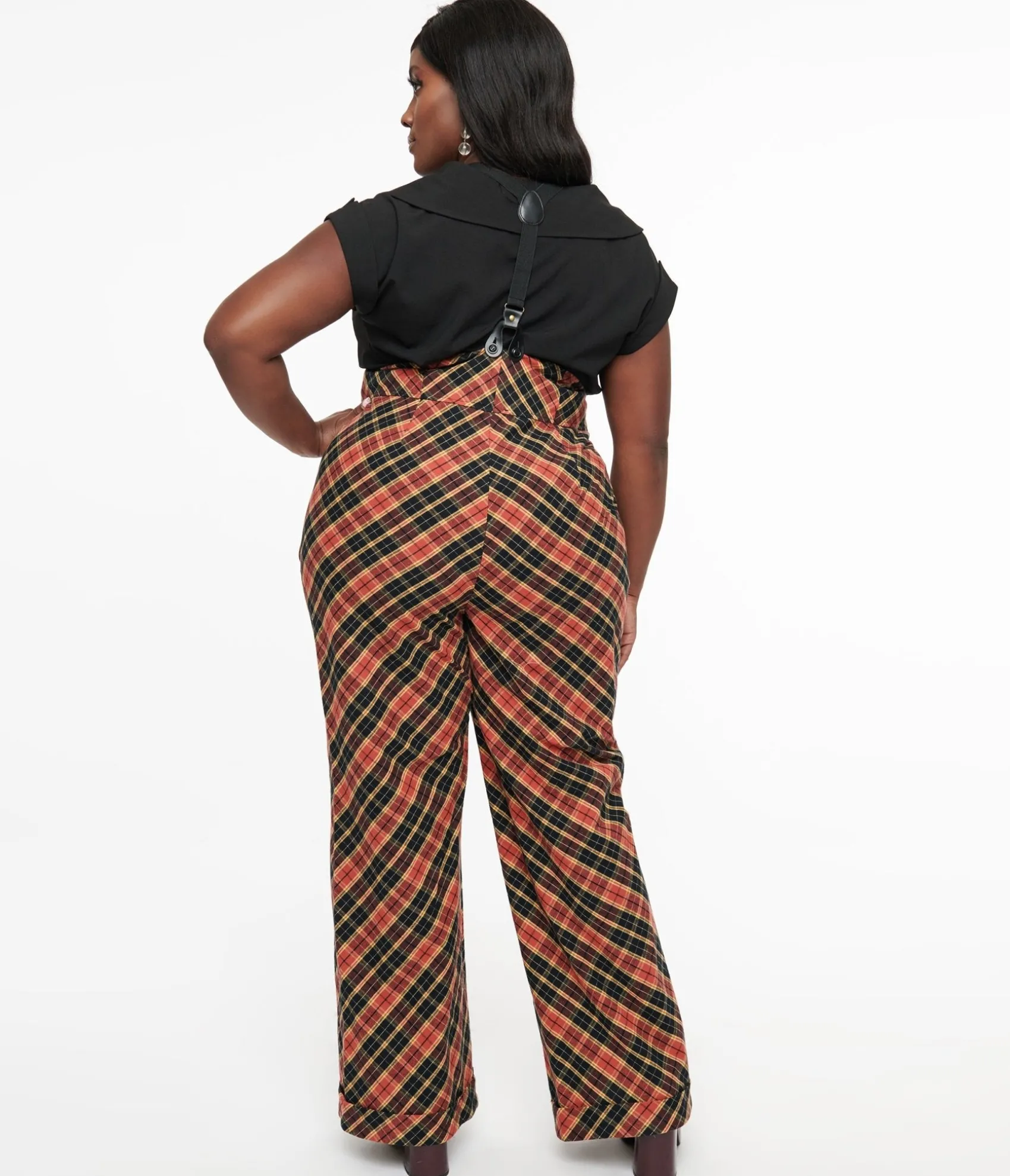 Unique Vintage Plus Size 1930s Black & Rust Plaid Thelma Suspender Pants New