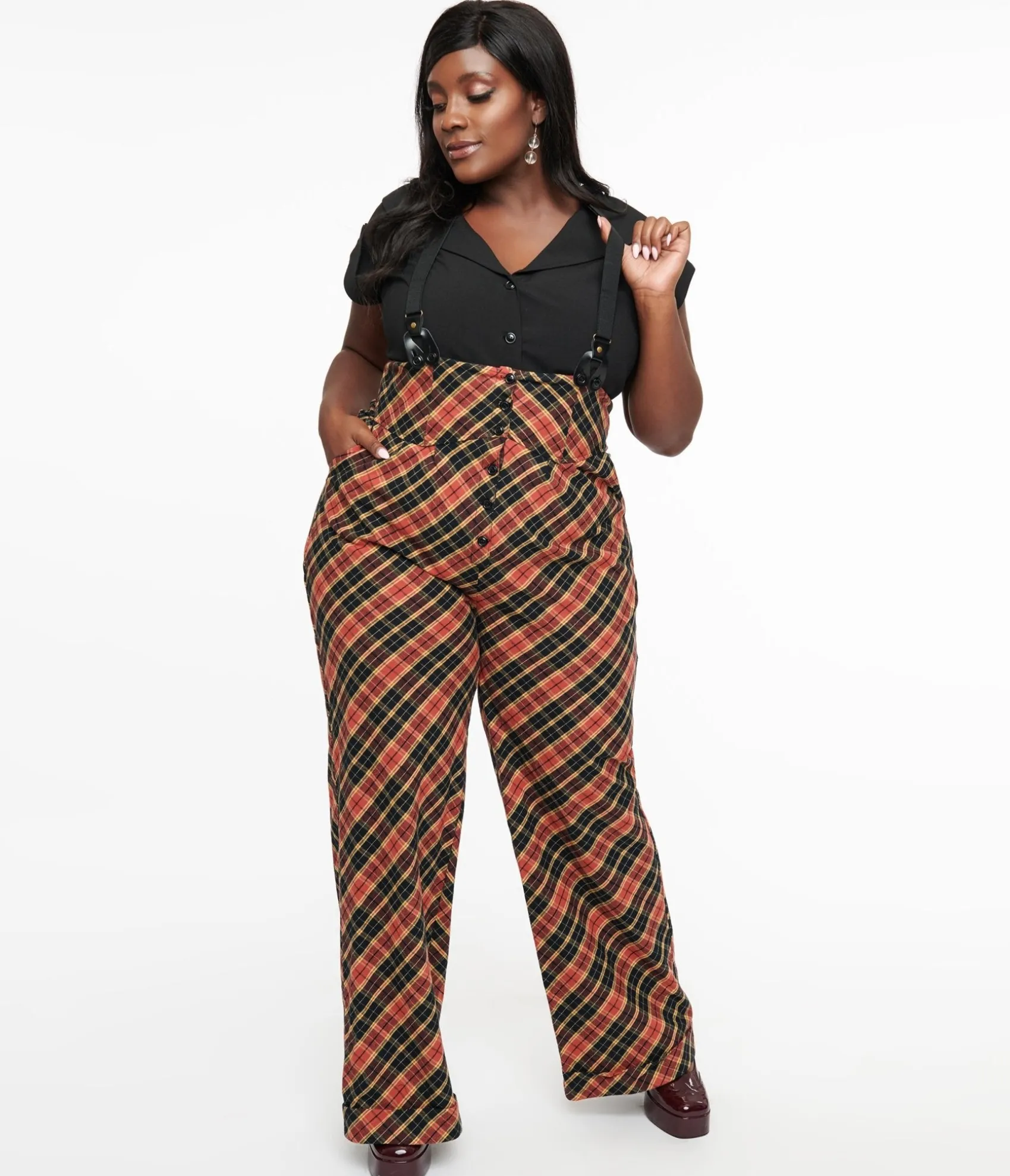Unique Vintage Plus Size 1930s Black & Rust Plaid Thelma Suspender Pants New