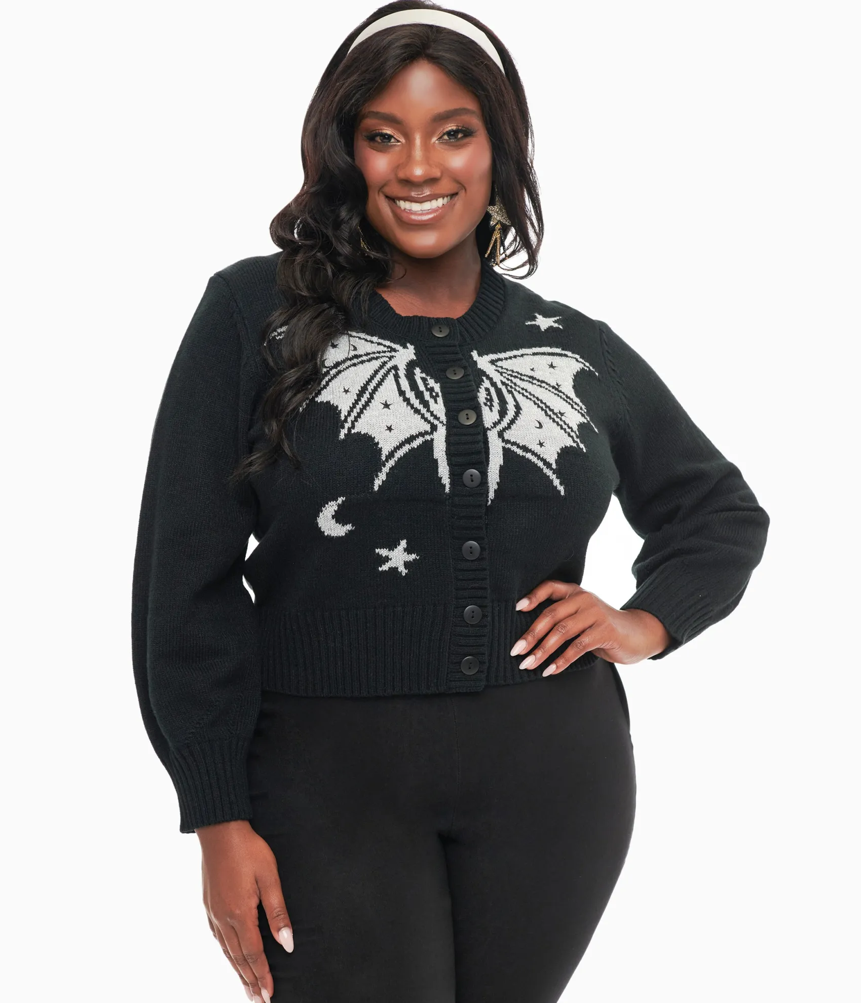 Unique Vintage Plus Size 1950s Black & Silver Bat Cropped Cardigan Clearance