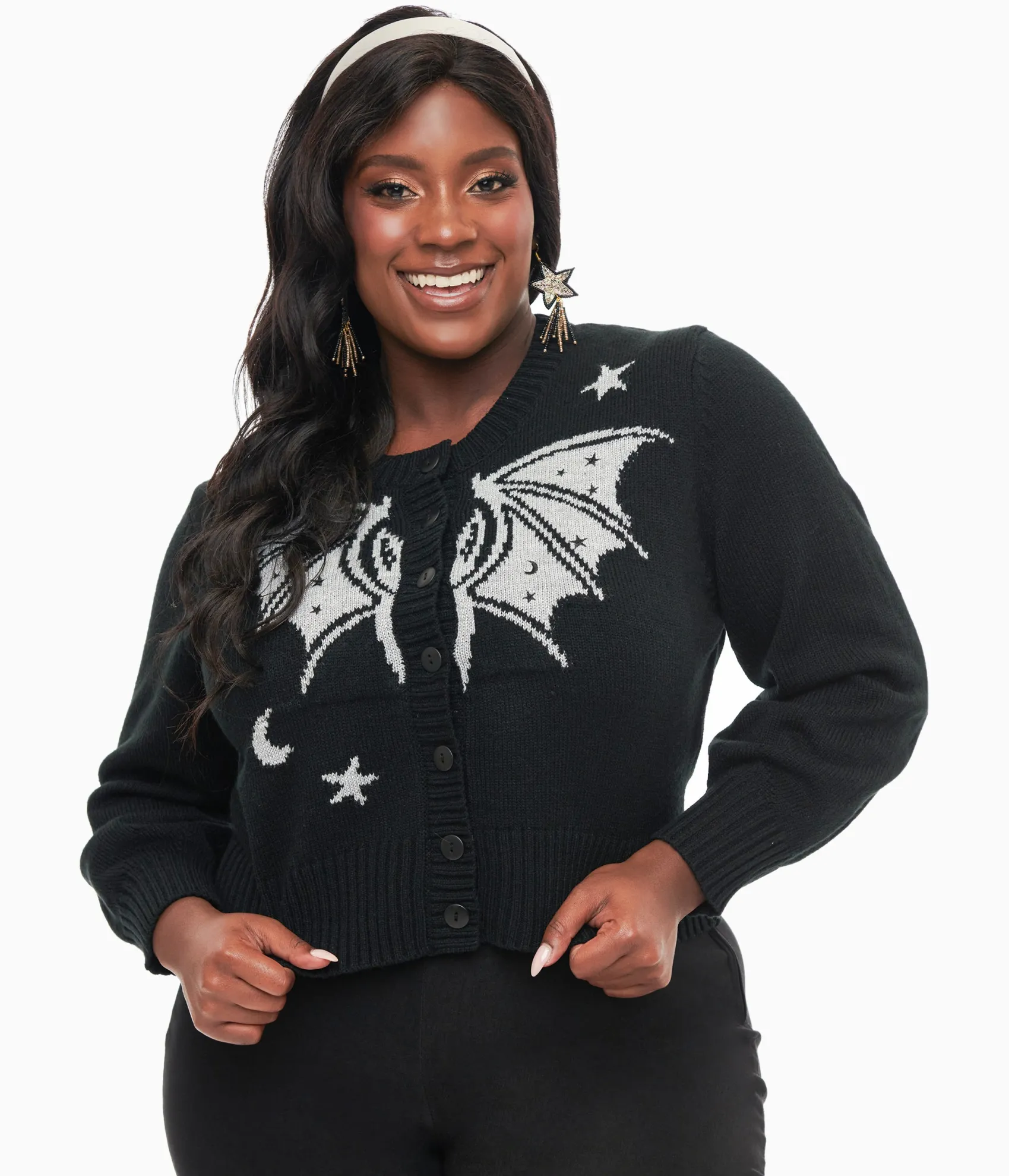 Unique Vintage Plus Size 1950s Black & Silver Bat Cropped Cardigan Clearance