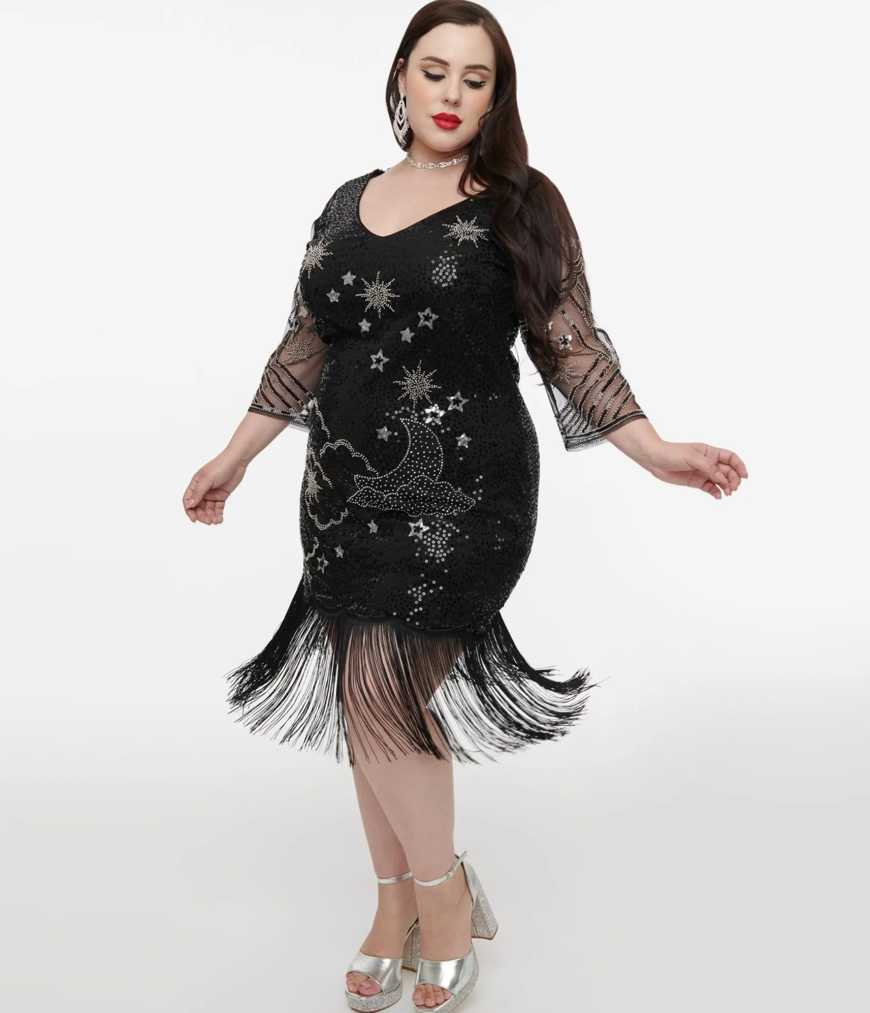 Unique Vintage Plus Size 1920s Black & Silver Moon & Stars Sequin Margaux Flapper Dress Hot